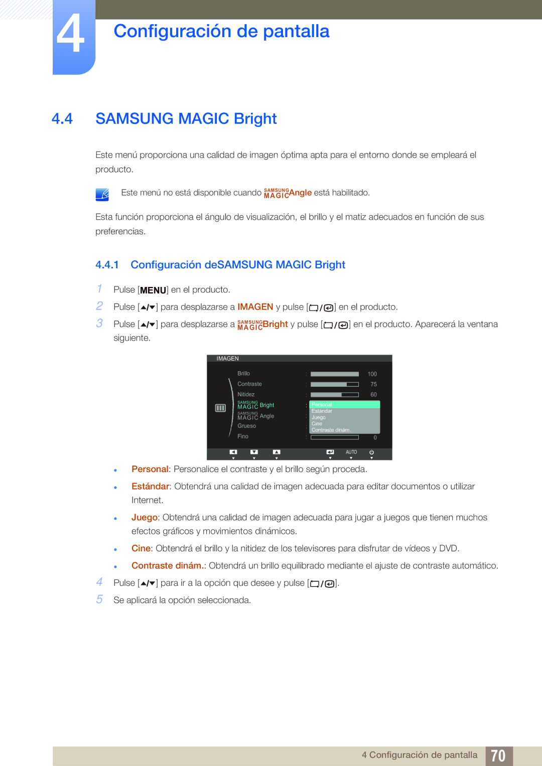 Samsung LF24TSCTBAN/EN, LF19TSCTBAN/EN, LF22TSCTBAN/EN manual Samsung Magic Bright, Configuración deSAMSUNG Magic Bright 