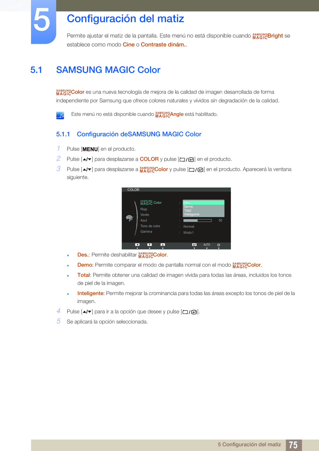 Samsung LF19TSCTBAN/EN, LF24TSCTBAN/EN Configuración del matiz, Samsung Magic Color, Configuración deSAMSUNG Magic Color 