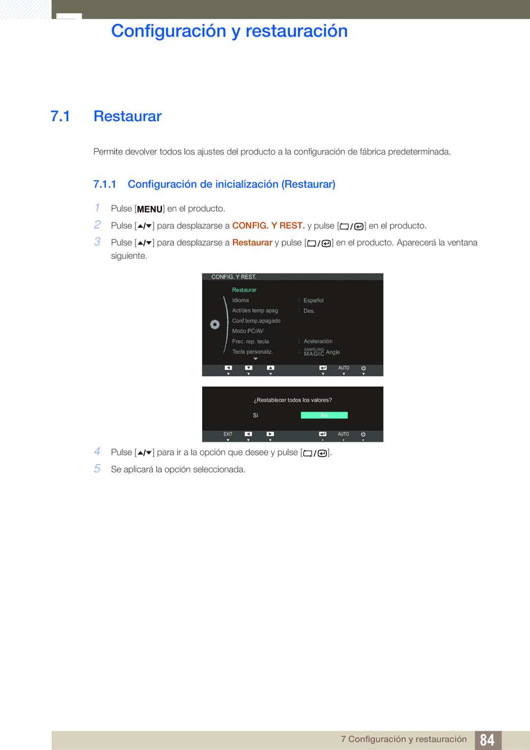 Samsung LF19TSCTBAN/EN, LF24TSCTBAN/EN manual Configuración y restauración, Configuración de inicialización Restaurar 