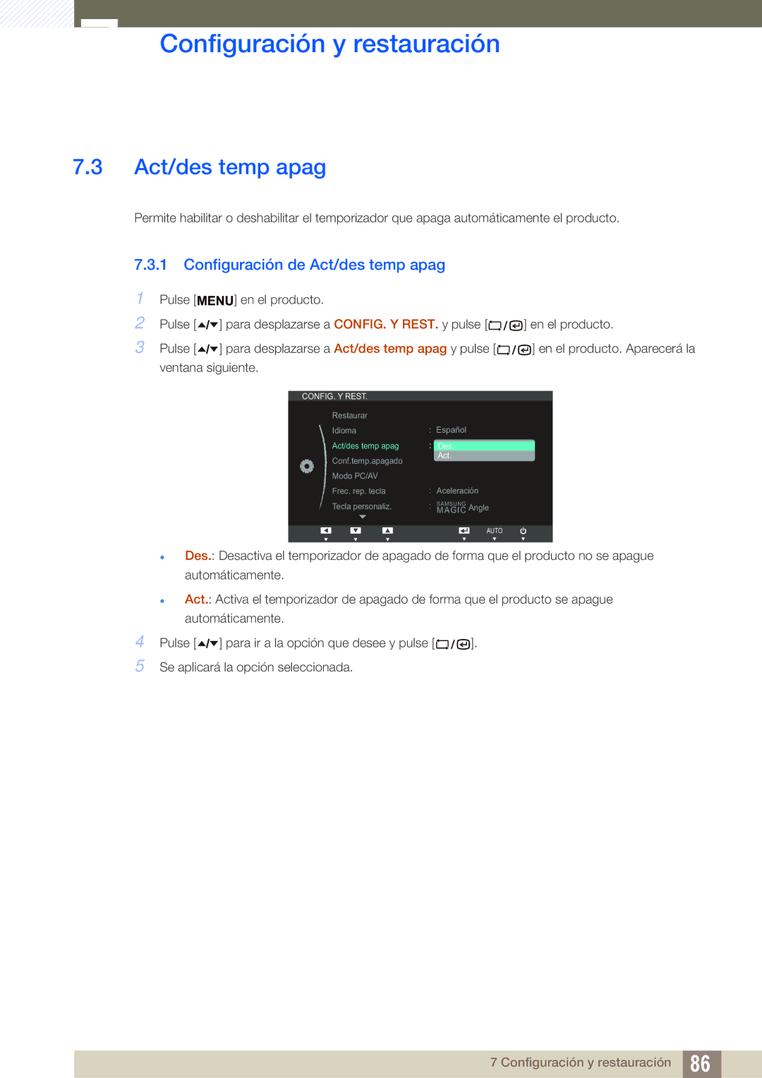 Samsung LF22TSCTBAN/EN, LF19TSCTBAN/EN, LF24TSCTBAN/EN manual Configuración de Act/des temp apag 