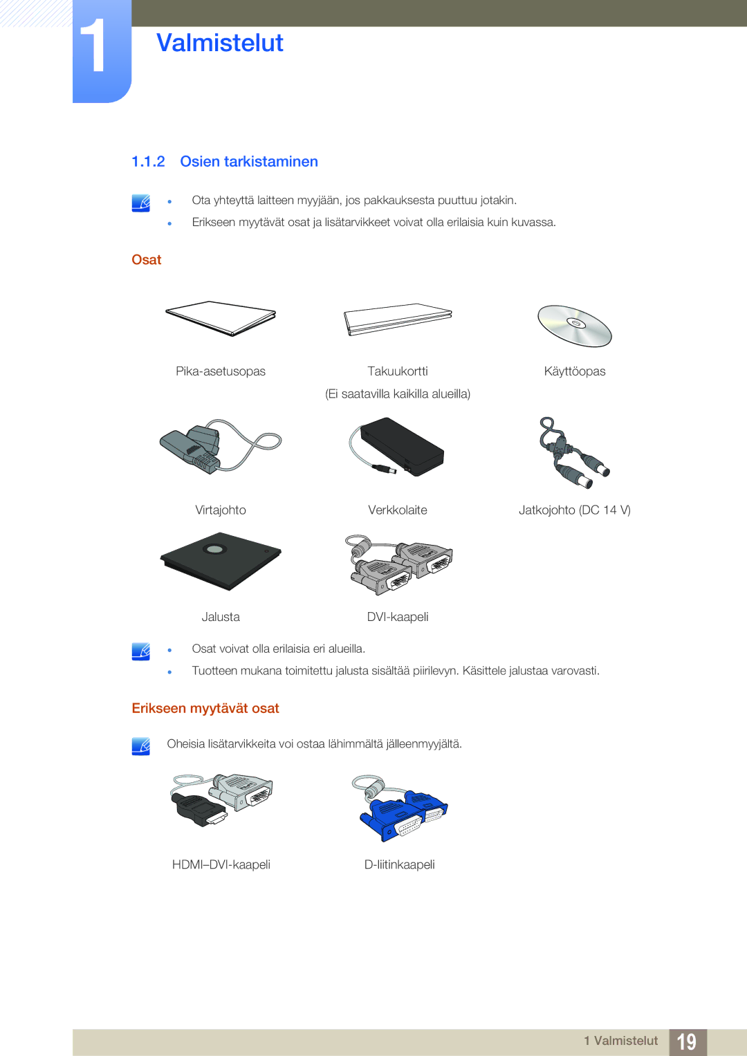 Samsung LF24TSCTBAN/EN, LF19TSCTBAN/EN, LF22TSCTBAN/EN manual Osien tarkistaminen, Osat, Erikseen myytävät osat 