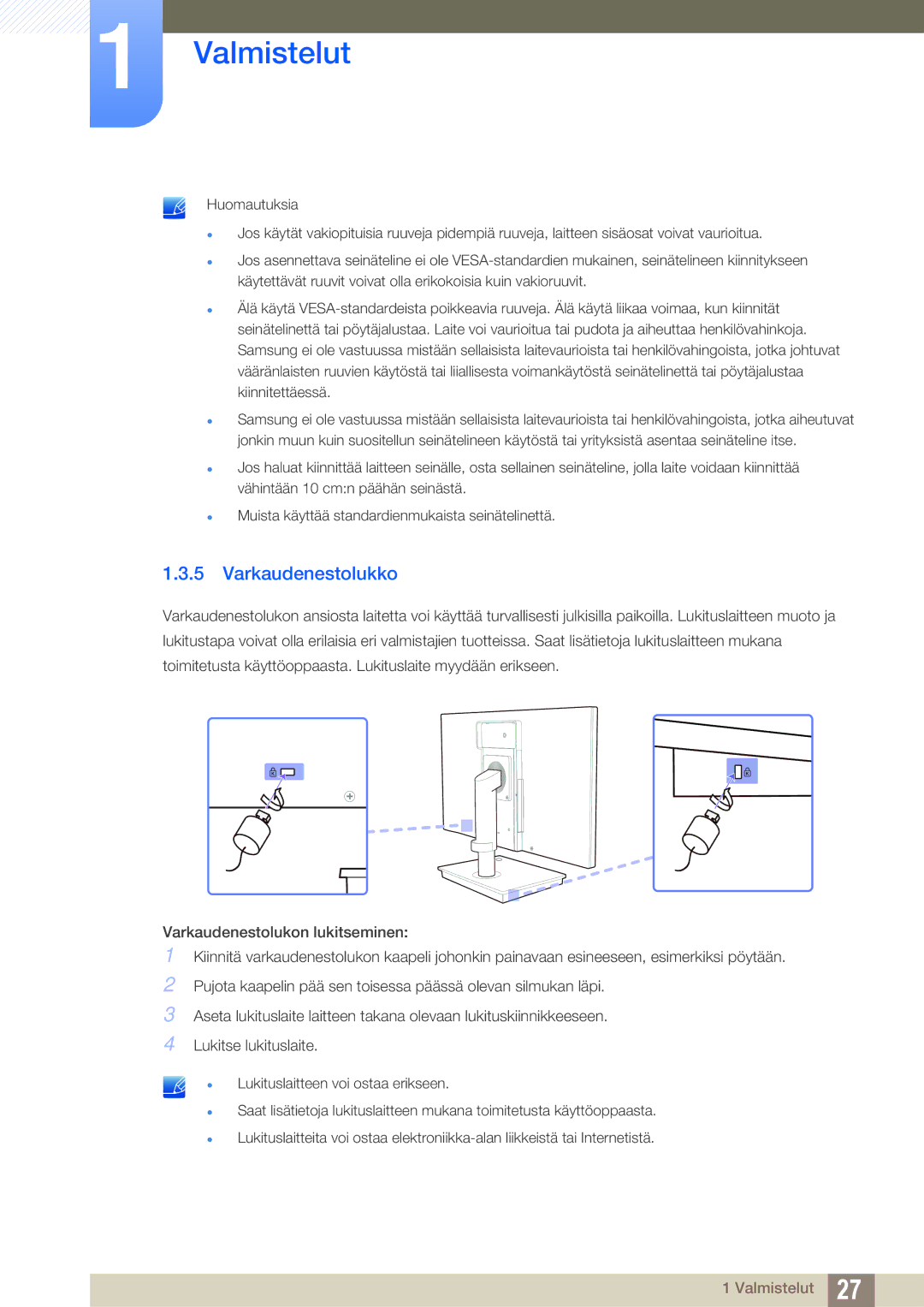 Samsung LF19TSCTBAN/EN, LF24TSCTBAN/EN, LF22TSCTBAN/EN manual Varkaudenestolukko 