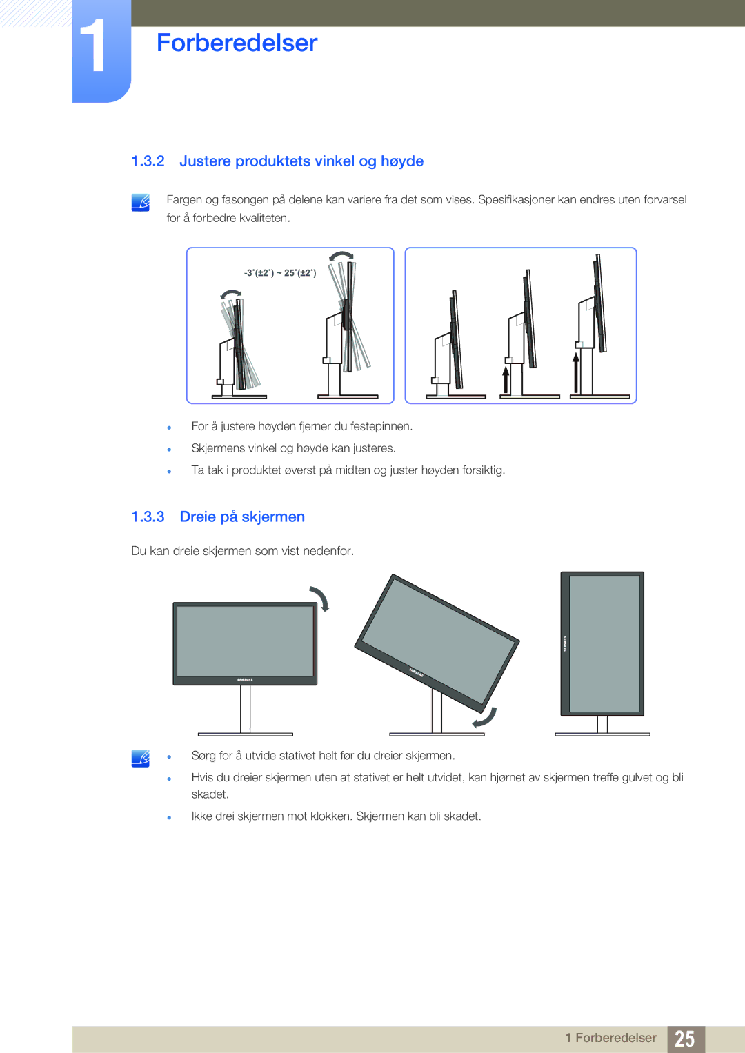 Samsung LF24TSCTBAN/EN, LF19TSCTBAN/EN, LF22TSCTBAN/EN manual Justere produktets vinkel og høyde, Dreie på skjermen 