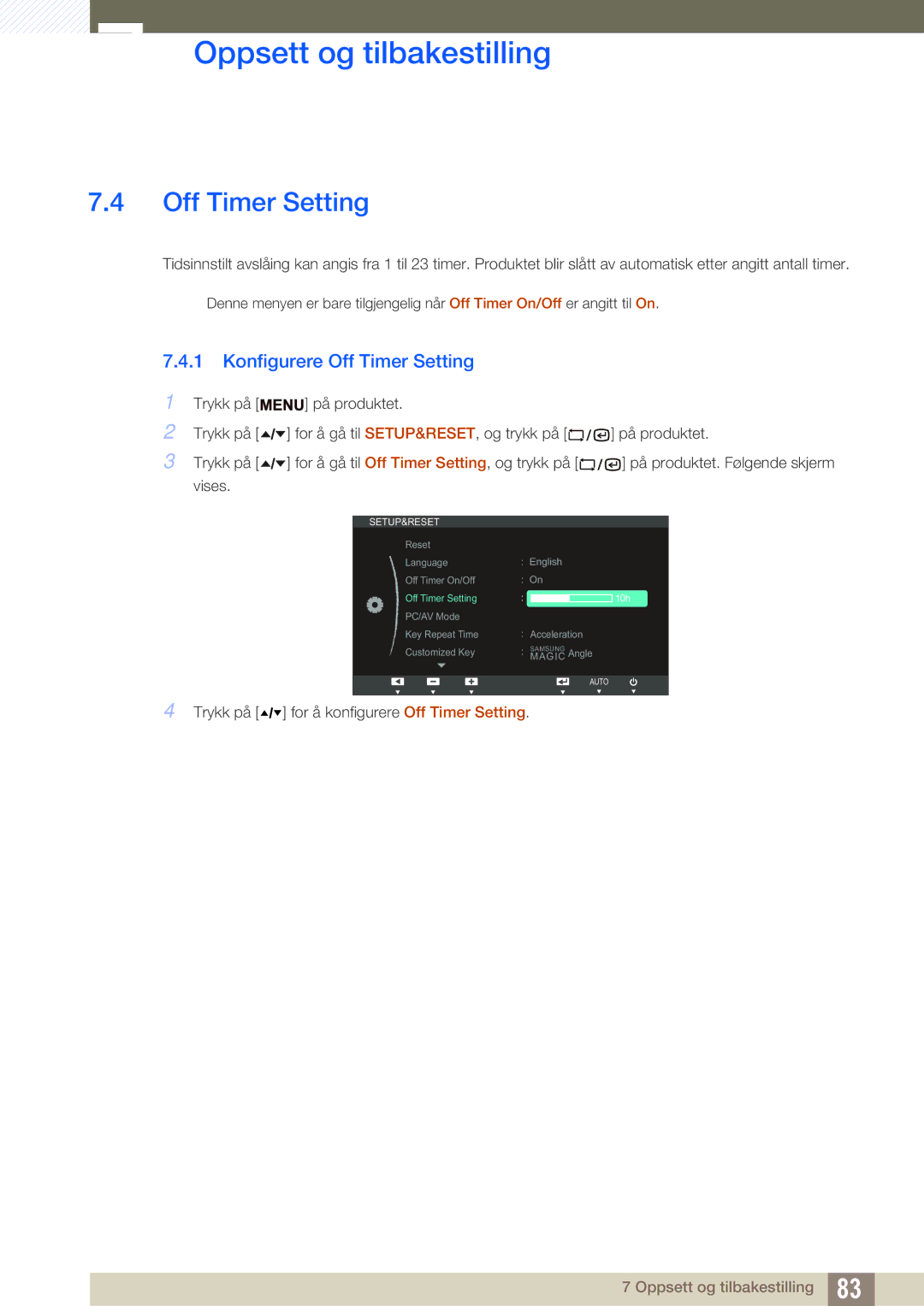 Samsung LF22TSCTBAN/EN, LF19TSCTBAN/EN, LF24TSCTBAN/EN manual Konfigurere Off Timer Setting 