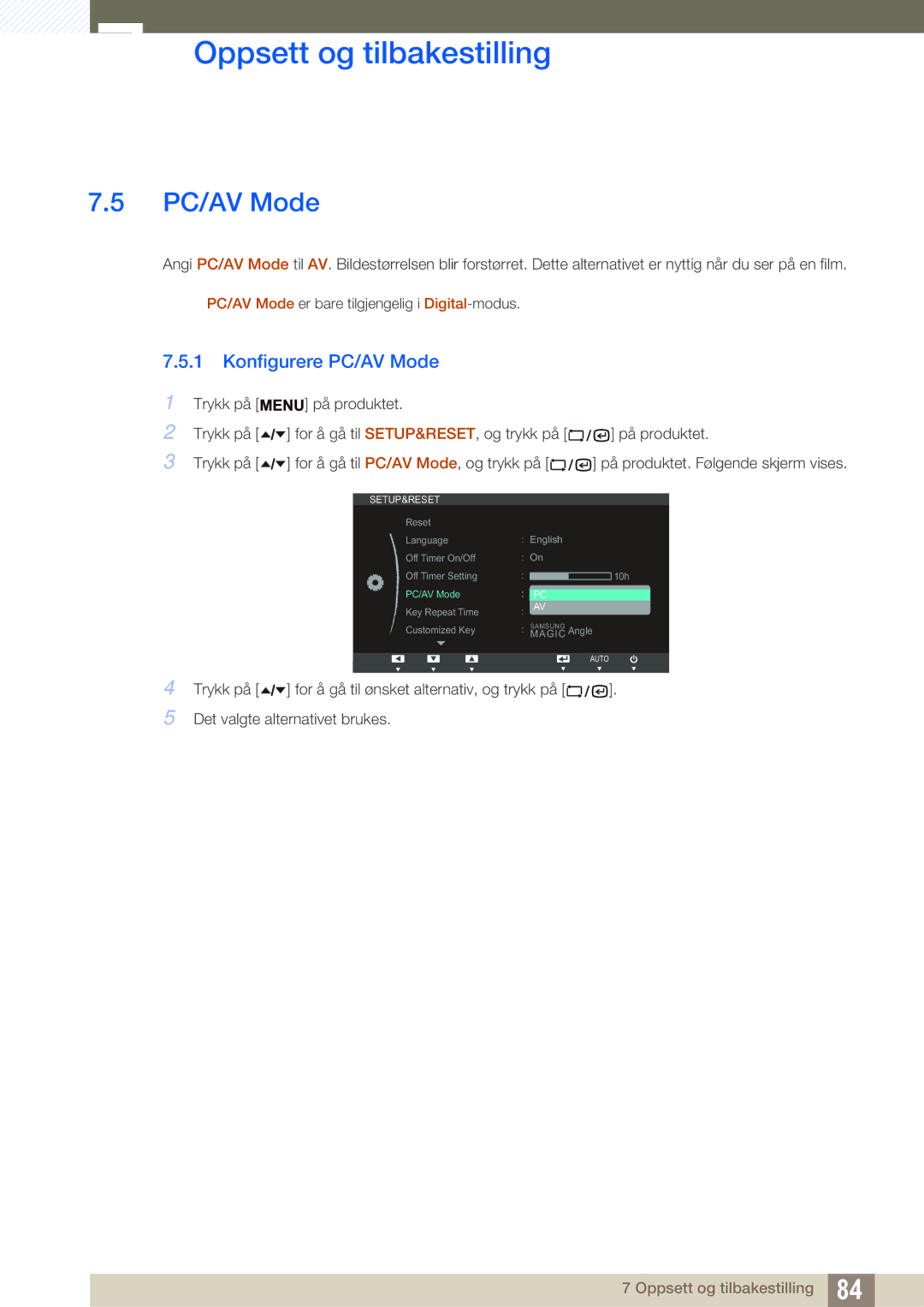 Samsung LF19TSCTBAN/EN, LF24TSCTBAN/EN, LF22TSCTBAN/EN manual Konfigurere PC/AV Mode 