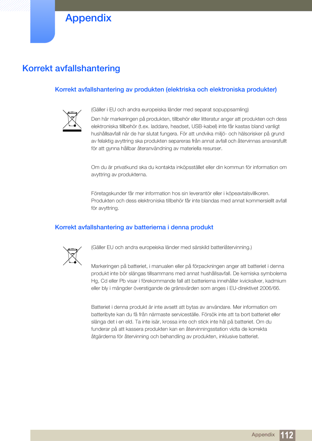 Samsung LF24TSCTBAN/EN, LF19TSCTBAN/EN, LF22TSCTBAN/EN manual Korrekt avfallshantering av batterierna i denna produkt 