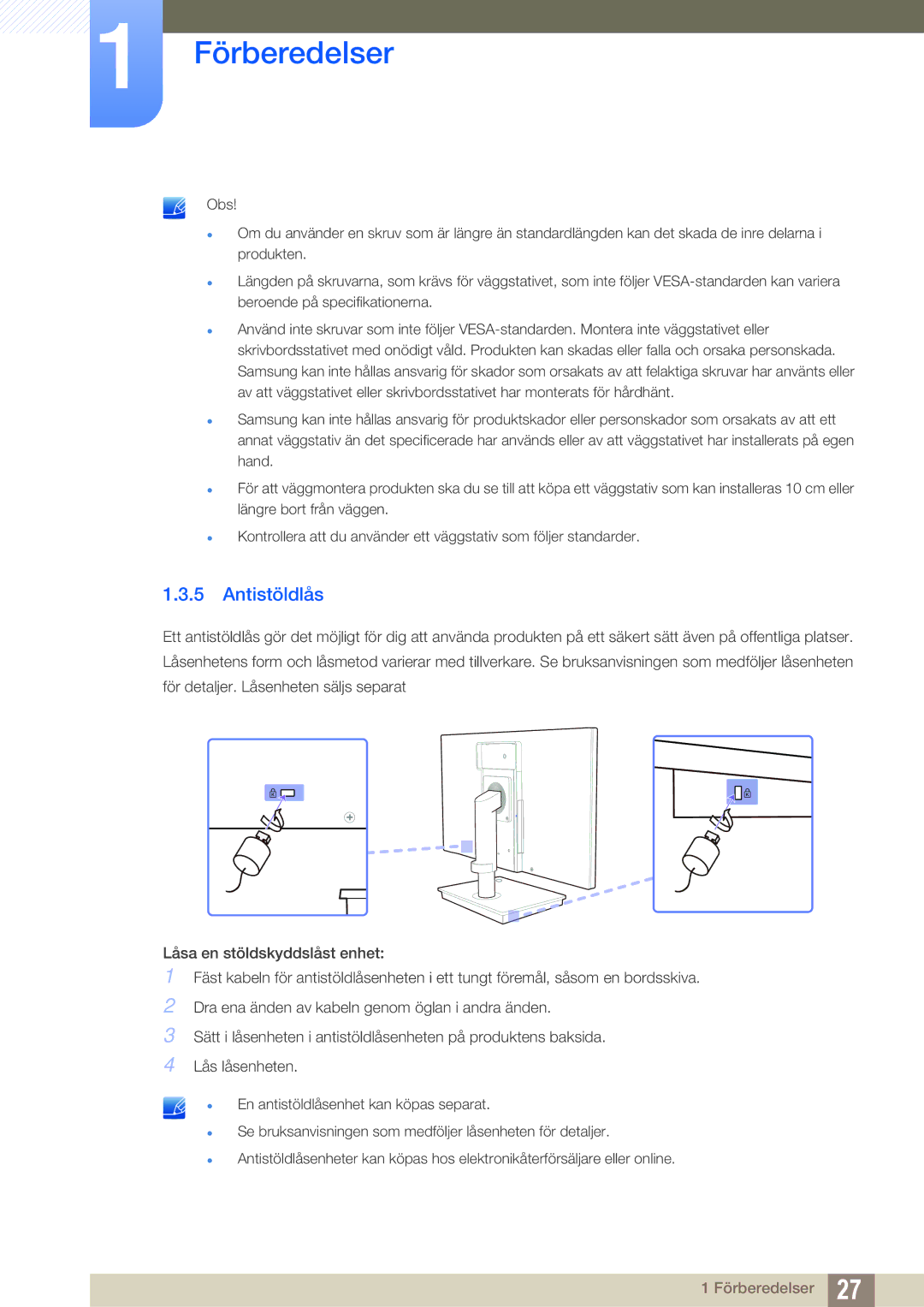 Samsung LF19TSCTBAN/EN, LF24TSCTBAN/EN, LF22TSCTBAN/EN manual Antistöldlås 