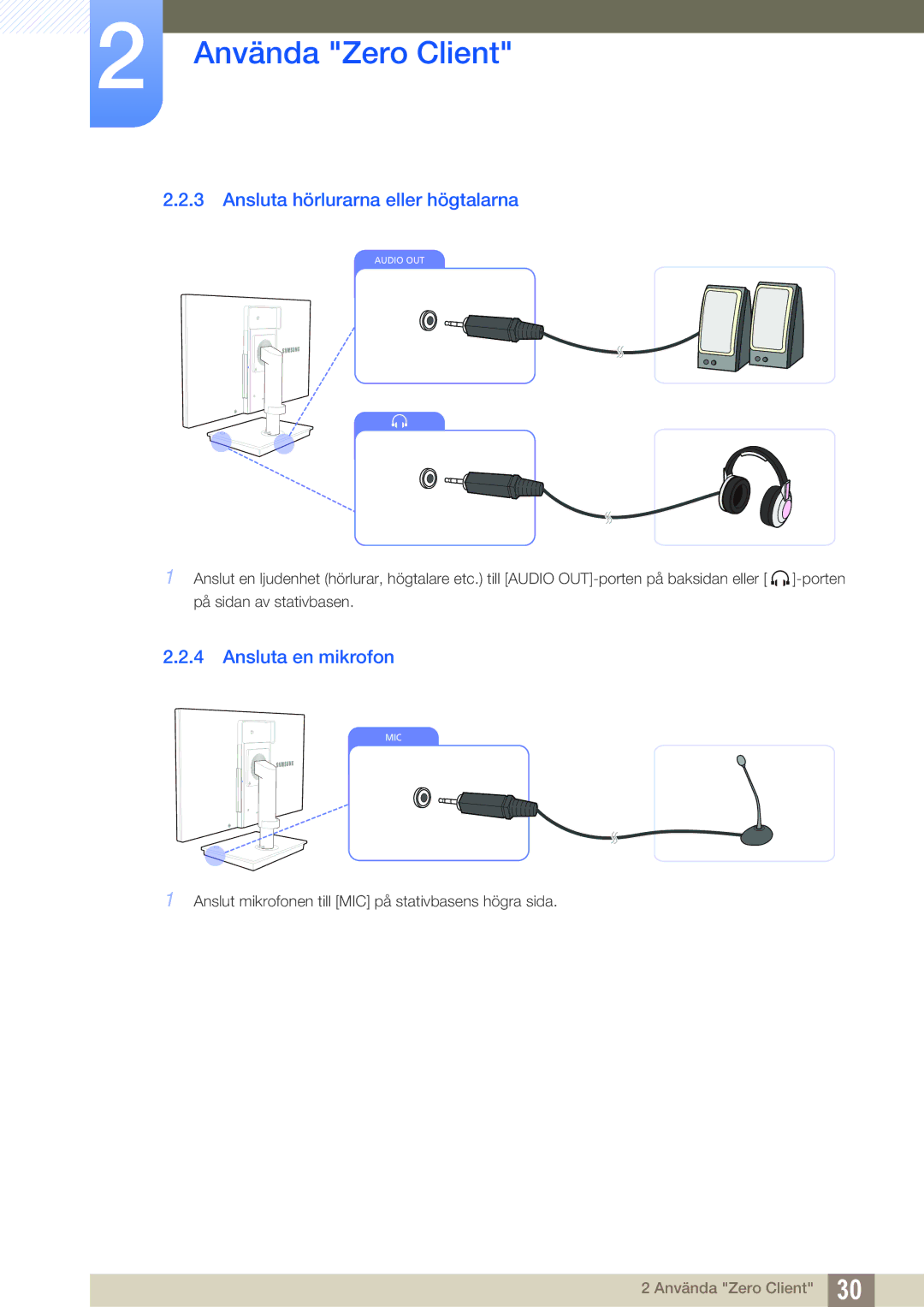 Samsung LF19TSCTBAN/EN, LF24TSCTBAN/EN, LF22TSCTBAN/EN manual Ansluta hörlurarna eller högtalarna, Ansluta en mikrofon 