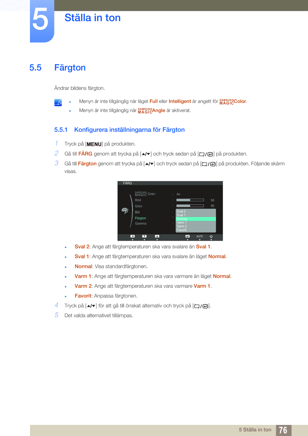 Samsung LF24TSCTBAN/EN, LF19TSCTBAN/EN, LF22TSCTBAN/EN manual Konfigurera inställningarna för Färgton 