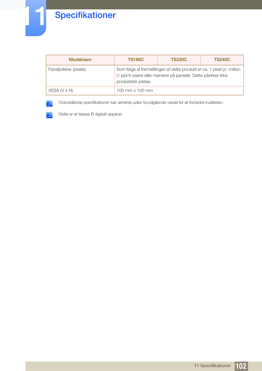 Samsung LF19TSCTBAN/EN, LF24TSCTBAN/EN, LF22TSCTBAN/EN manual Specifikationer 