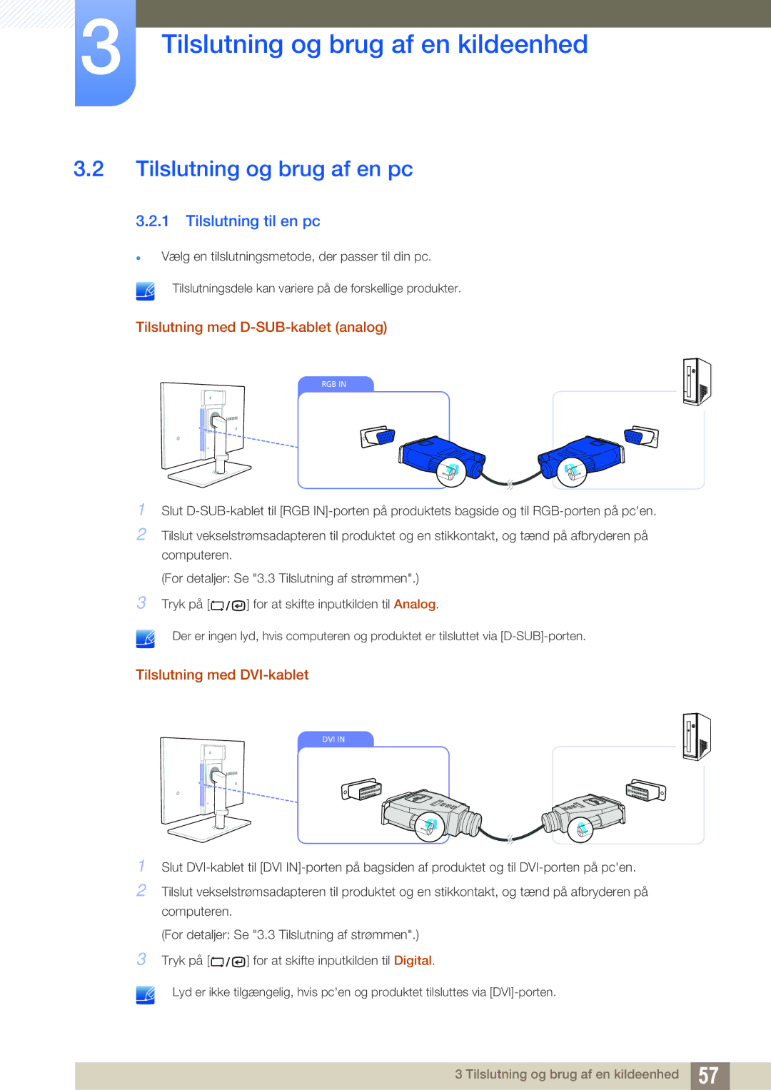 Samsung LF19TSCTBAN/EN manual Tilslutning og brug af en pc, Tilslutning til en pc, Tilslutning med D-SUB-kablet analog 