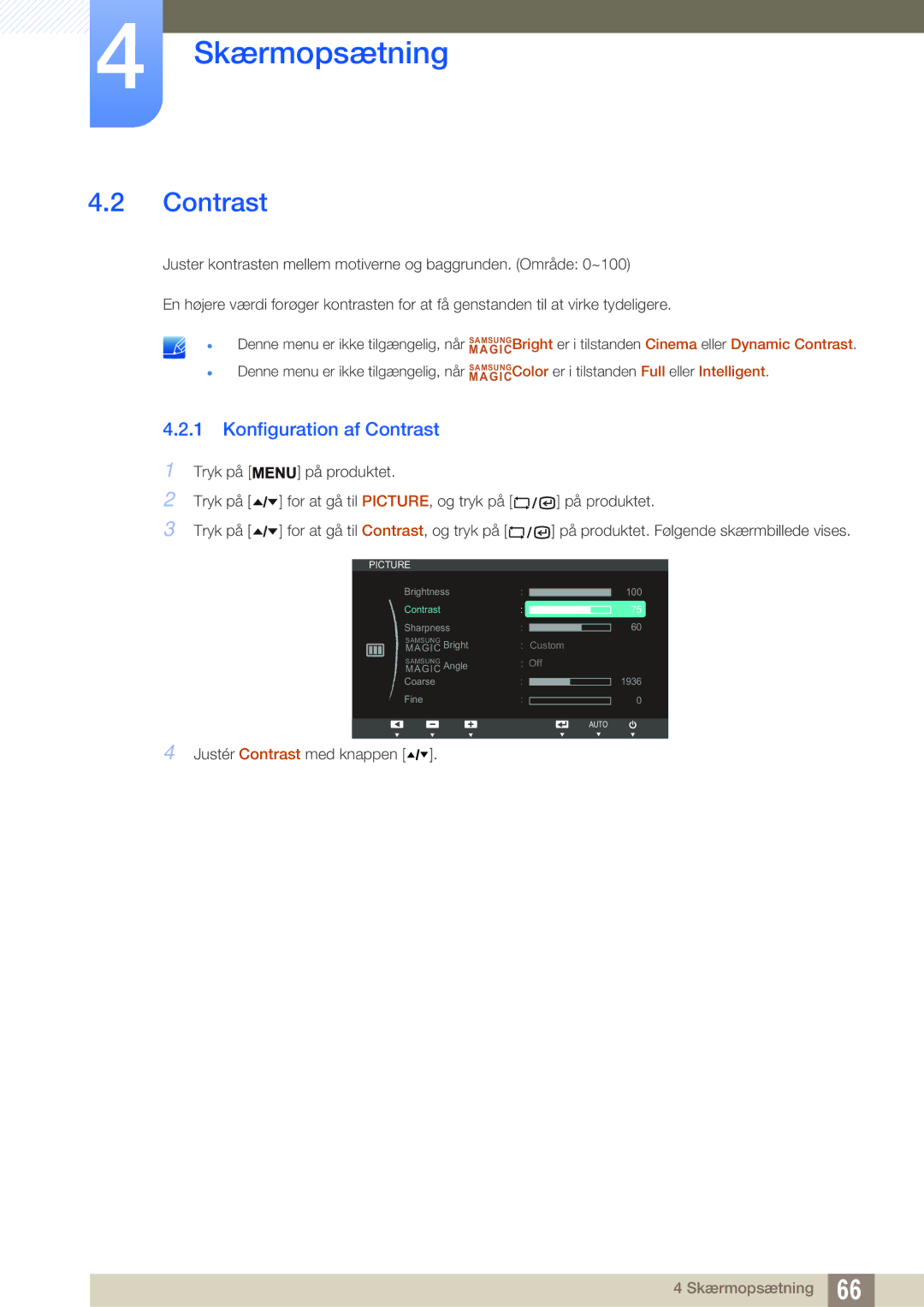 Samsung LF19TSCTBAN/EN, LF24TSCTBAN/EN, LF22TSCTBAN/EN manual Konfiguration af Contrast 