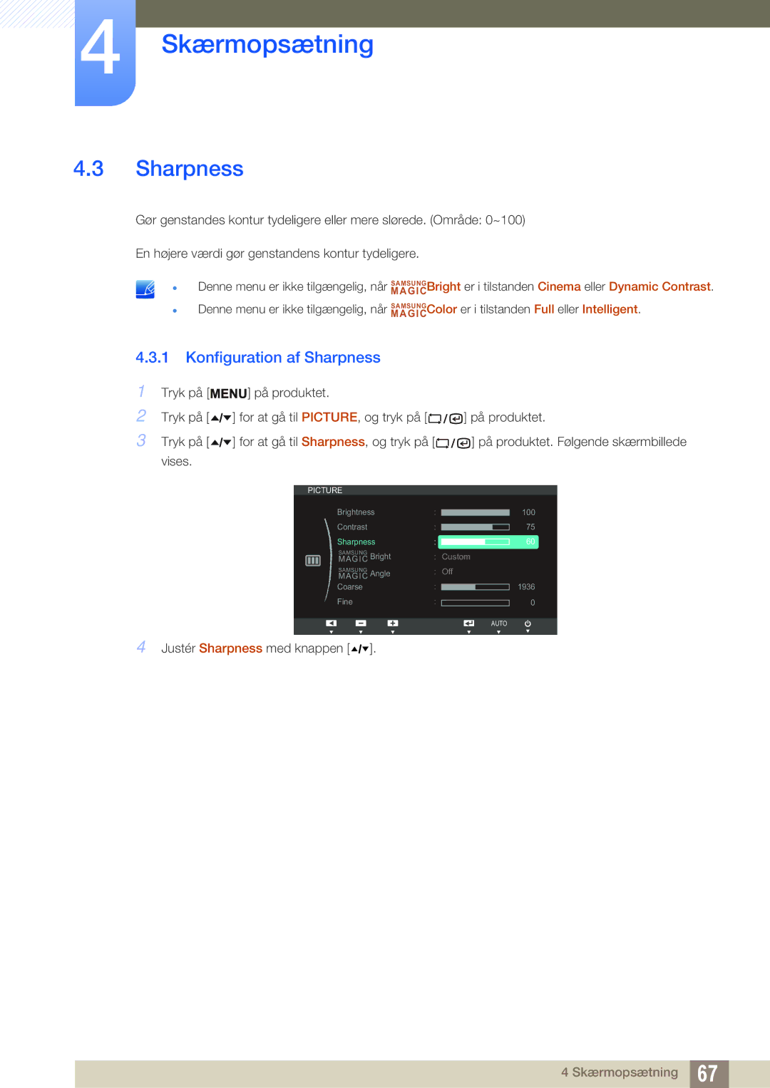 Samsung LF24TSCTBAN/EN, LF19TSCTBAN/EN, LF22TSCTBAN/EN manual Konfiguration af Sharpness 