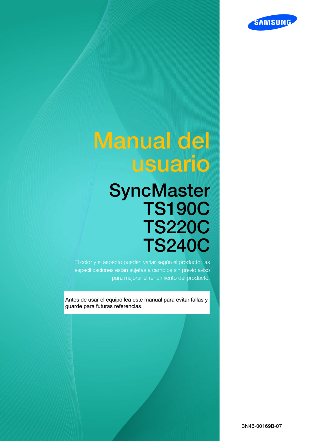 Samsung LF24TSCTBAN/EN, LF19TSCTBAN/EN manual Manual del usuario, SyncMaster TS190C TS220C TS240C, BN46-00169B-07 