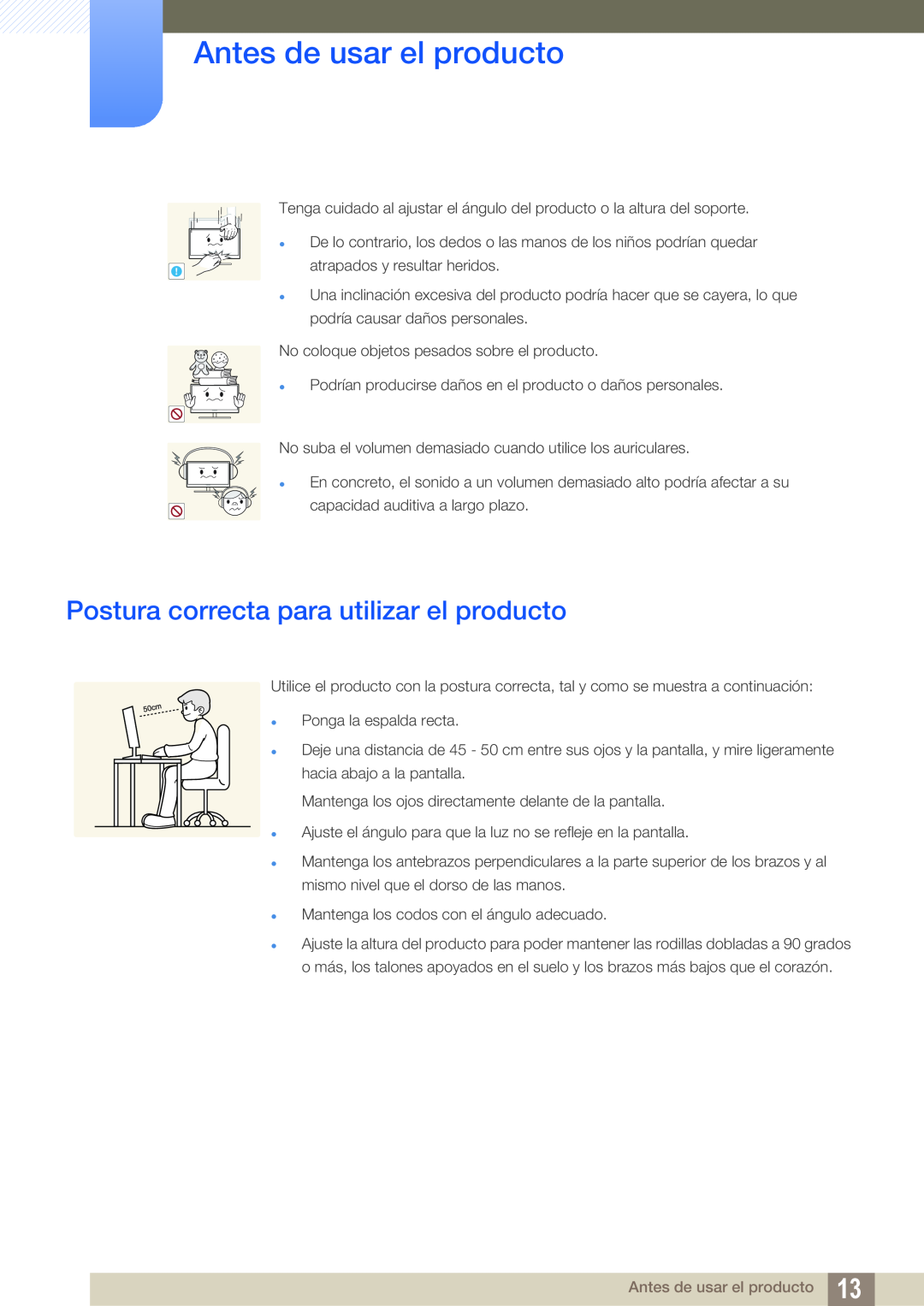 Samsung LF24TSCTBAN/EN, LF19TSCTBAN/EN manual Postura correcta para utilizar el producto, Antes de usar el producto 
