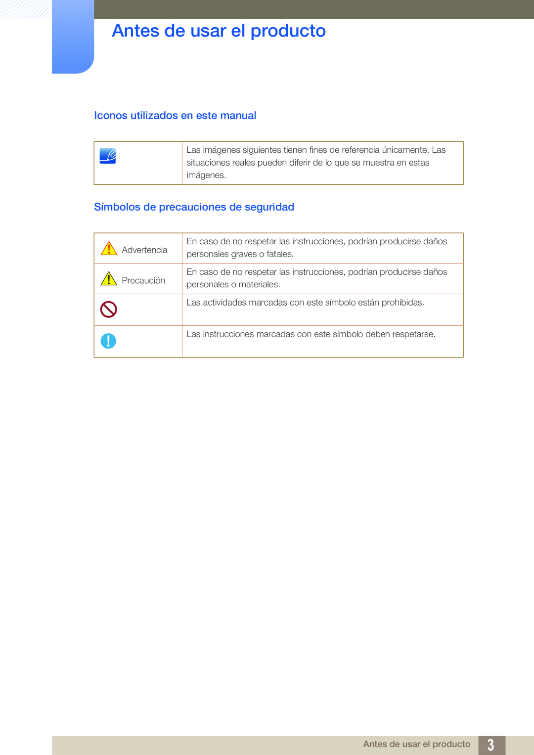Samsung LF19TSCTBAN/EN Iconos utilizados en este manual, Símbolos de precauciones de seguridad, Antes de usar el producto 