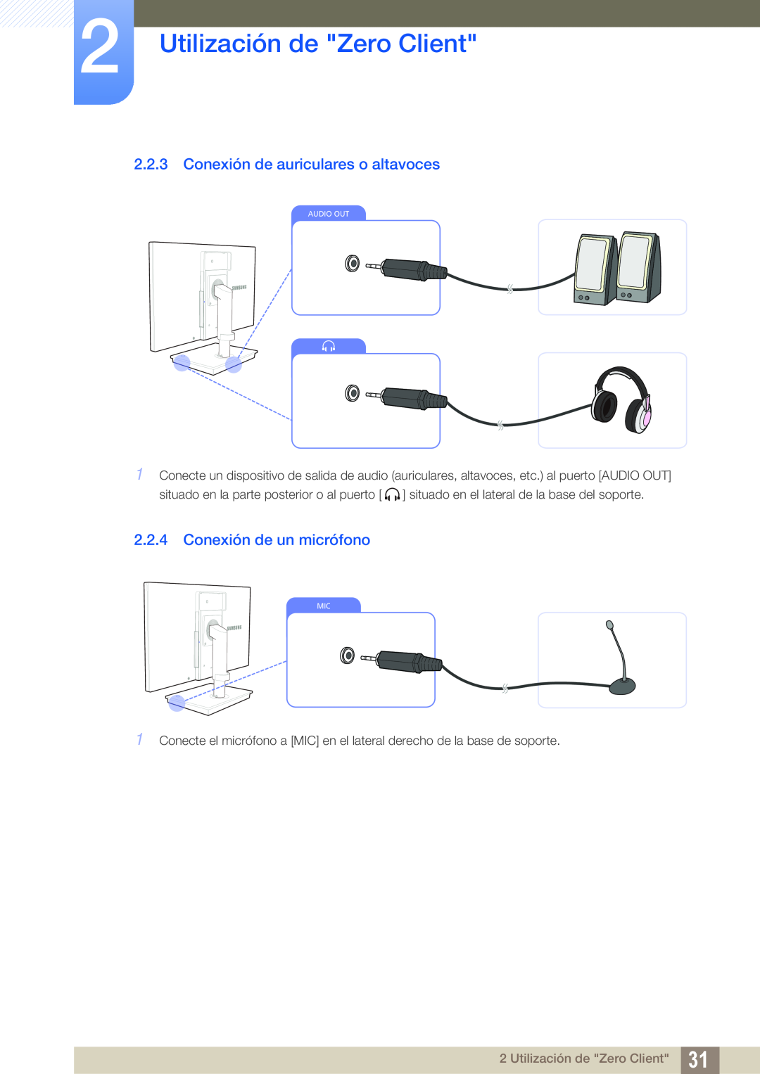 Samsung LF24TSCTBAN/EN manual Conexión de auriculares o altavoces, Conexión de un micrófono, Utilización de Zero Client 