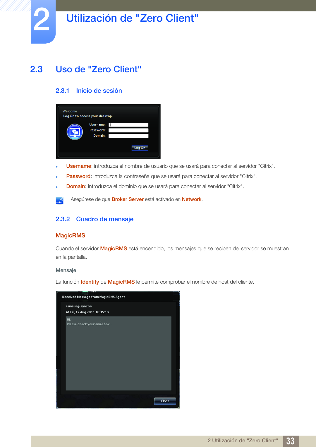 Samsung LF19TSCTBAN/EN manual Uso de Zero Client, Inicio de sesión, Cuadro de mensaje, Utilización de Zero Client, MagicRMS 