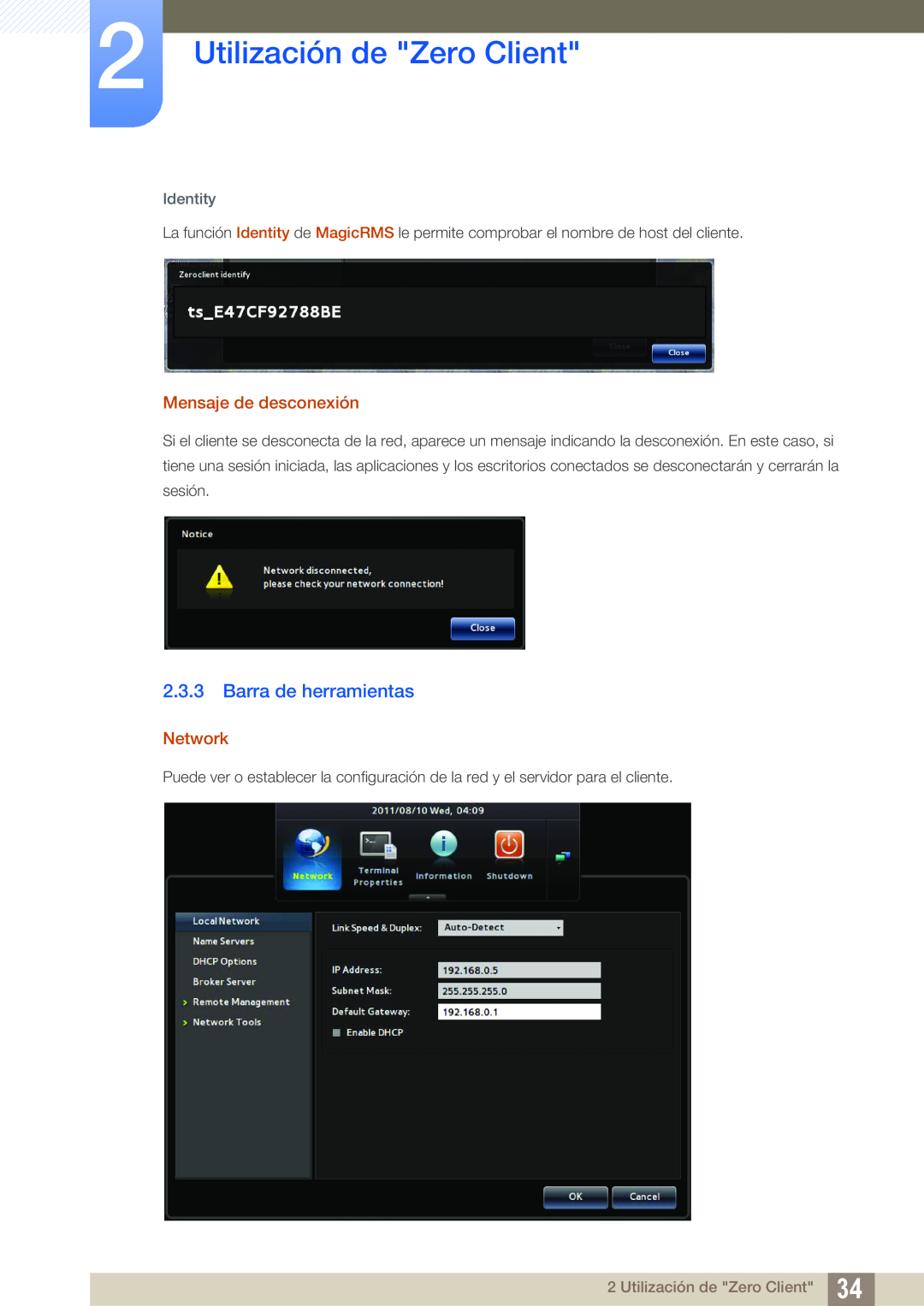 Samsung LF24TSCTBAN/EN manual Barra de herramientas, Utilización de Zero Client, Mensaje de desconexión, Network, Identity 