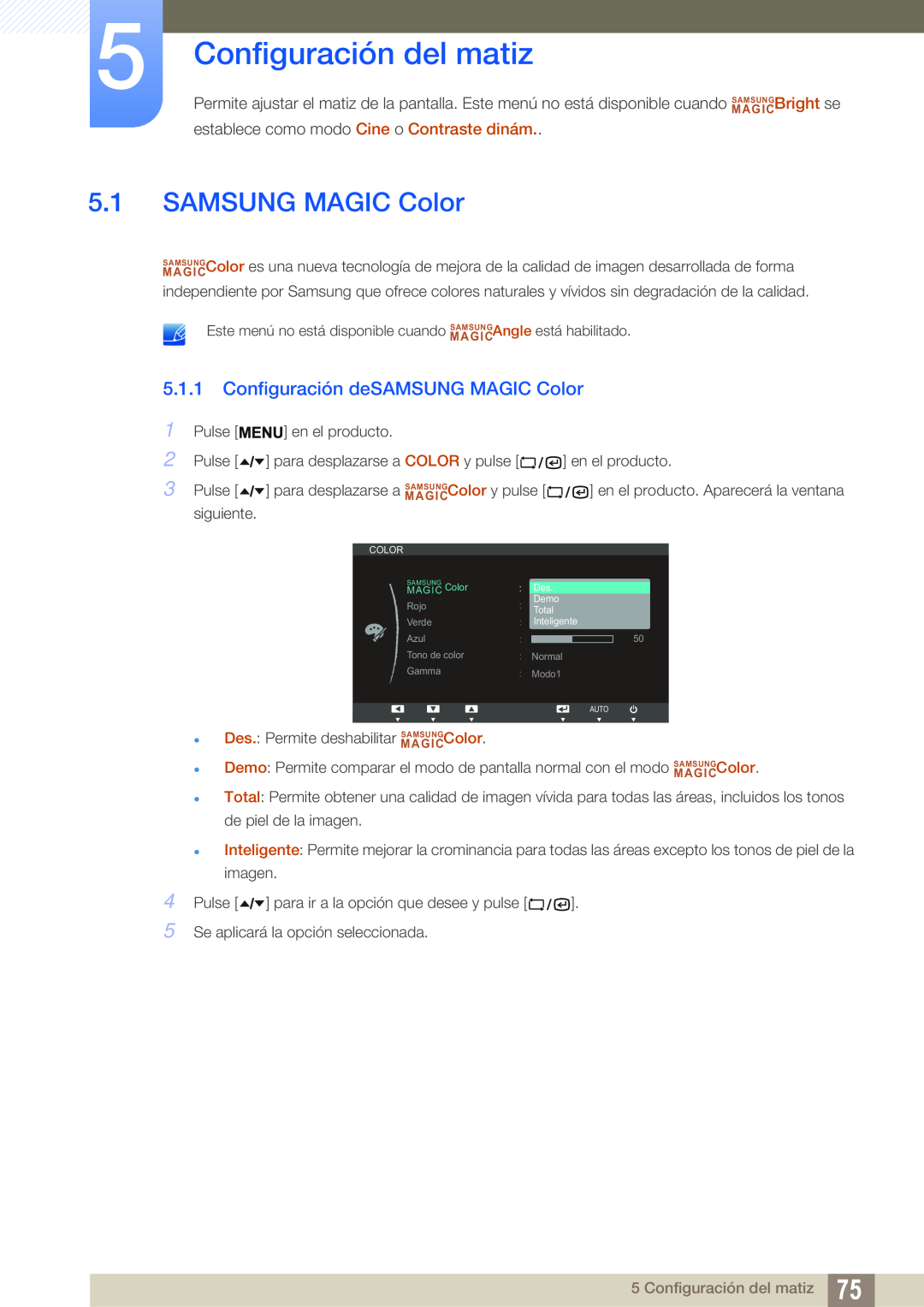 Samsung LF19TSCTBAN/EN, LF24TSCTBAN/EN, LF22TSCTBAN/EN Configuración del matiz, Configuración deSAMSUNG MAGIC Color 