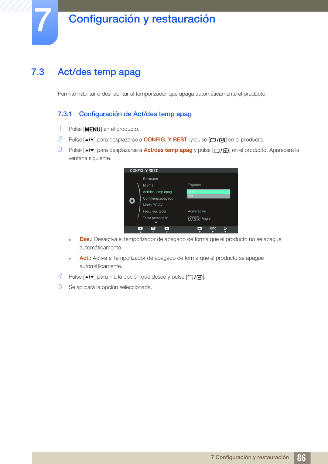 Samsung LF22TSCTBAN/EN manual 7.3 Act/des temp apag, Configuración de Act/des temp apag, Configuración y restauración 