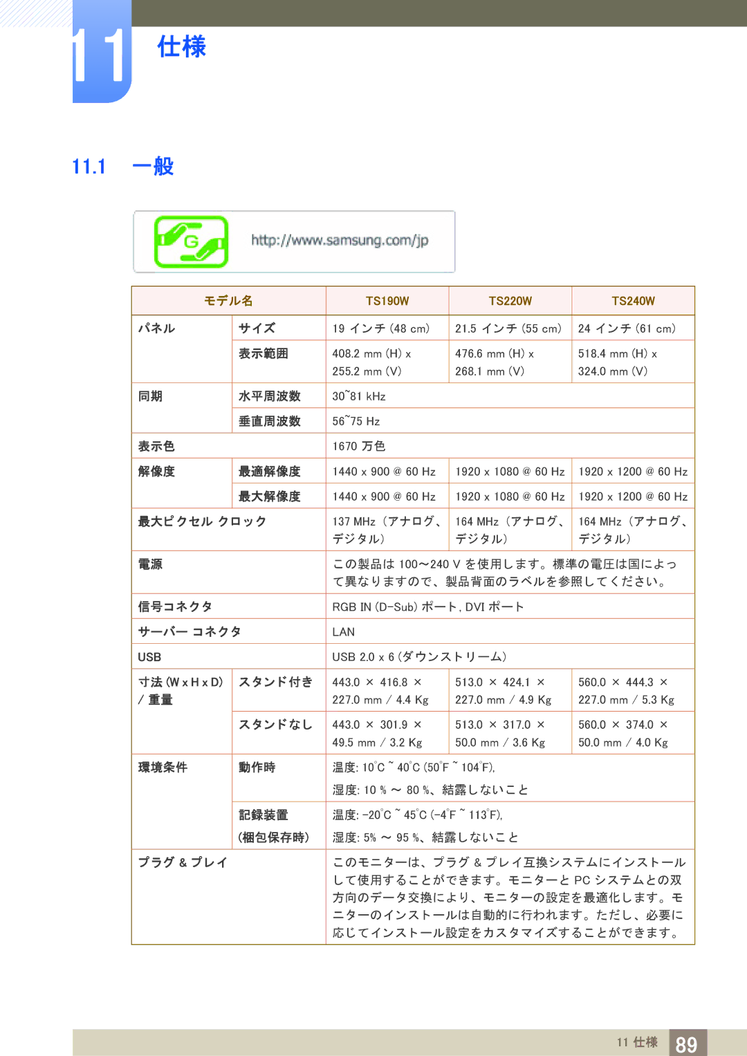 Samsung LF24TSWTBDN/XJ, LF19TSWTBDN/XJ manual 11 仕様, 11.1 一般 