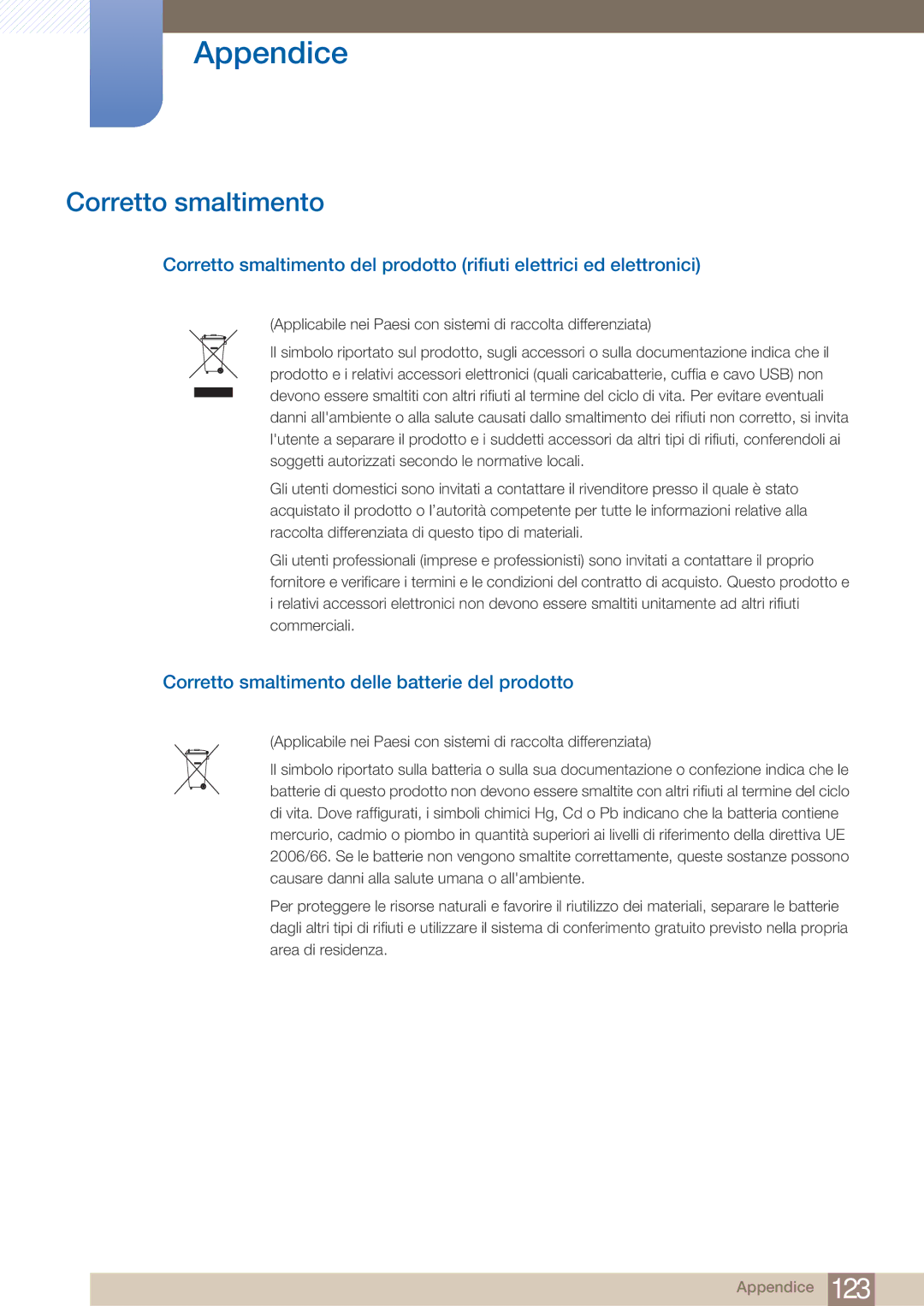 Samsung LF22FN1PFBZXEN manual Corretto smaltimento delle batterie del prodotto 