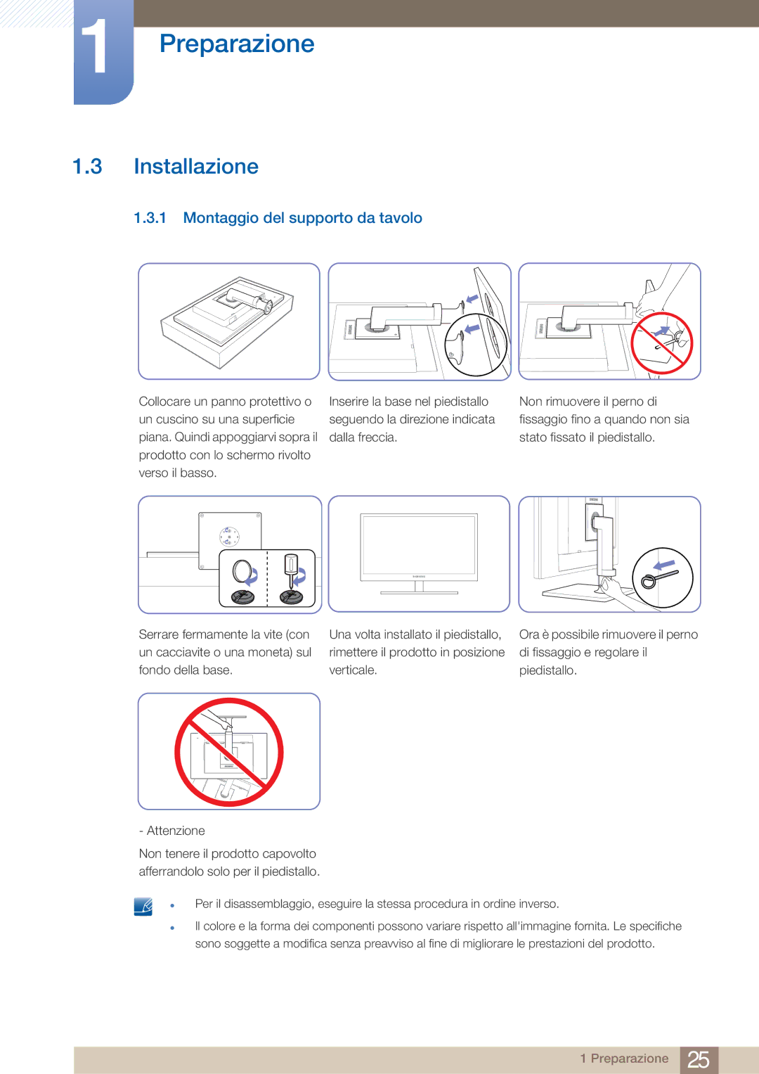 Samsung LF22FN1PFBZXEN manual Installazione, Montaggio del supporto da tavolo 