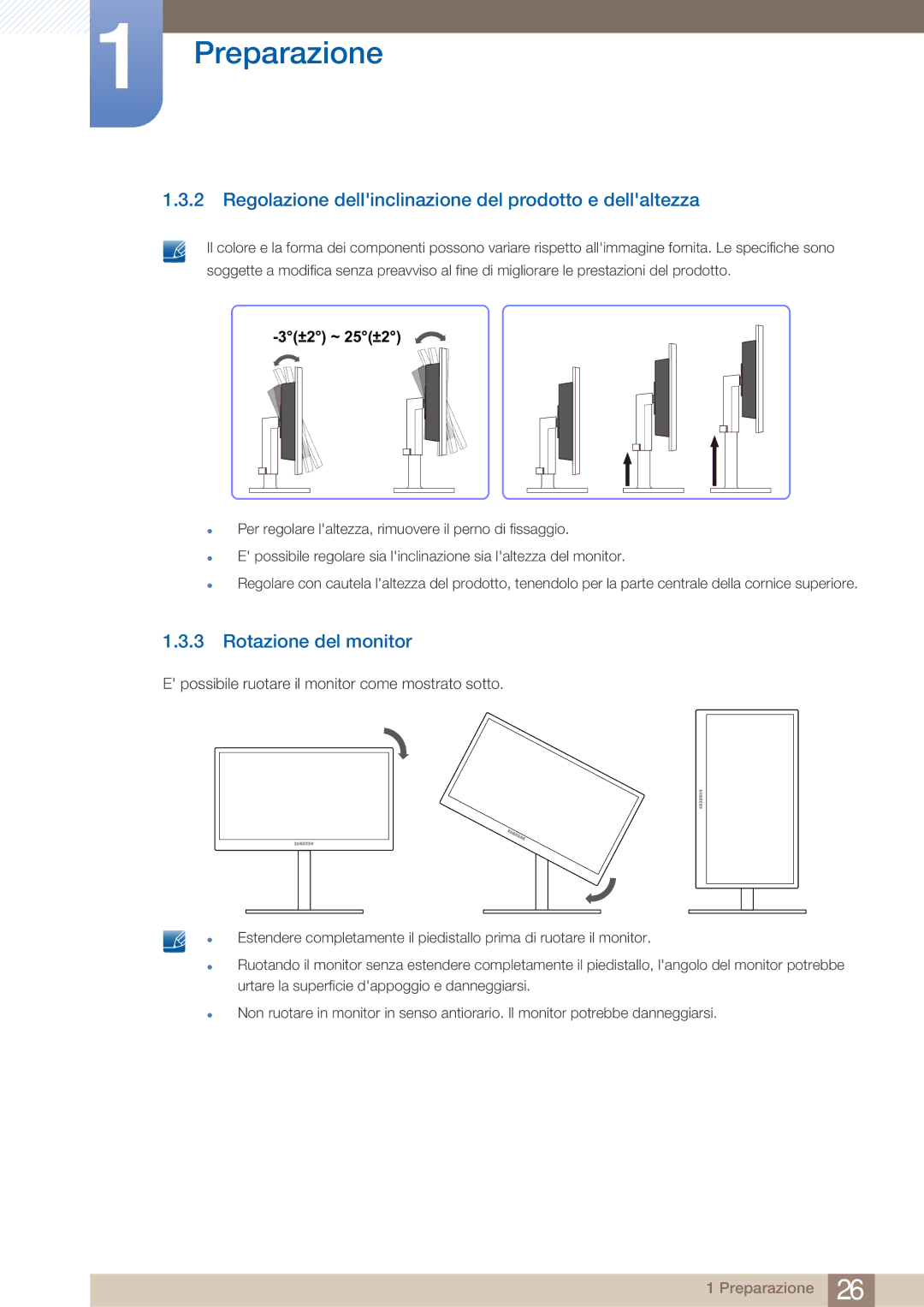 Samsung LF22FN1PFBZXEN manual Regolazione dellinclinazione del prodotto e dellaltezza, Rotazione del monitor 