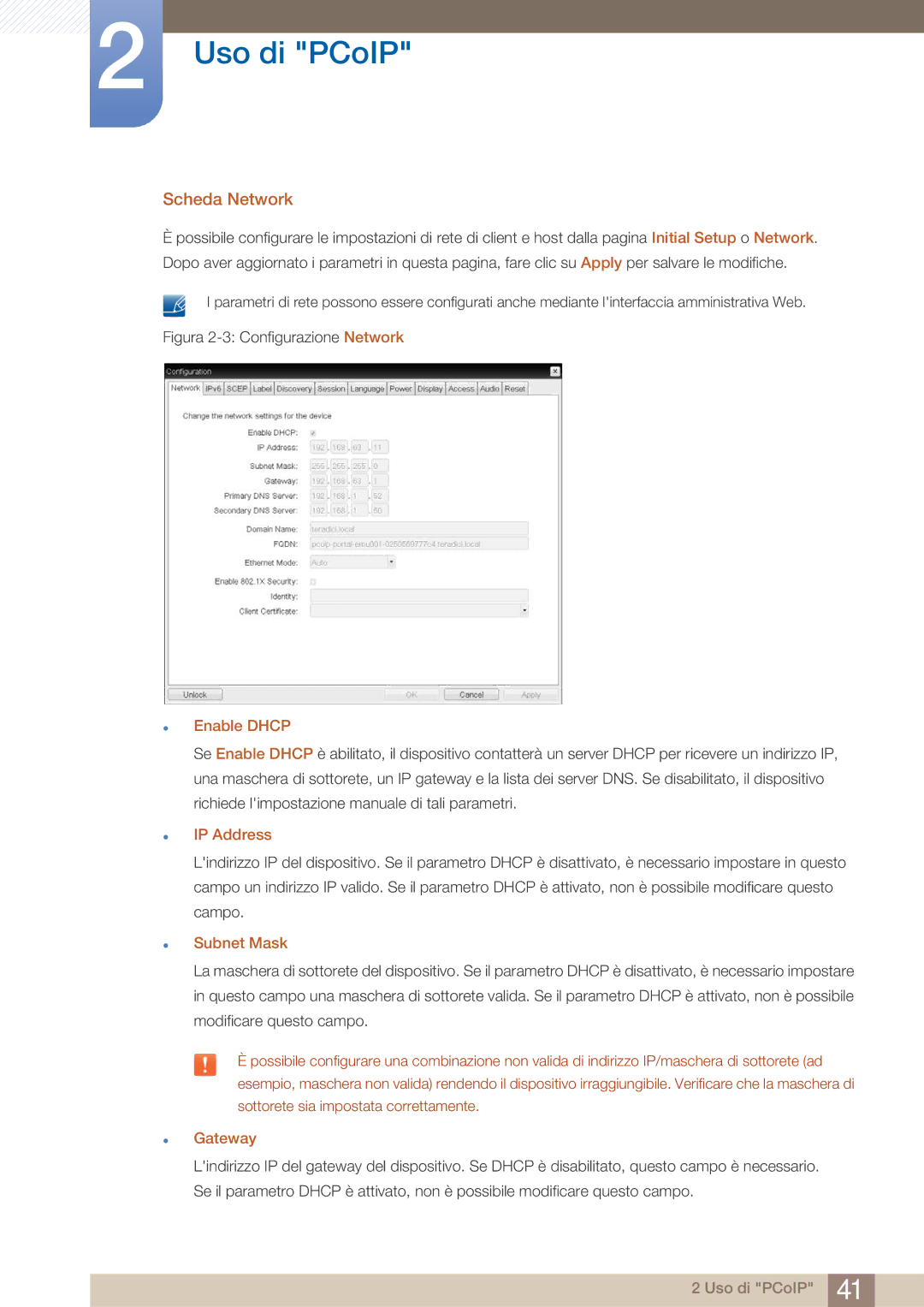 Samsung LF22FN1PFBZXEN manual Scheda Network, Enable Dhcp, IP Address, Subnet Mask, Gateway 