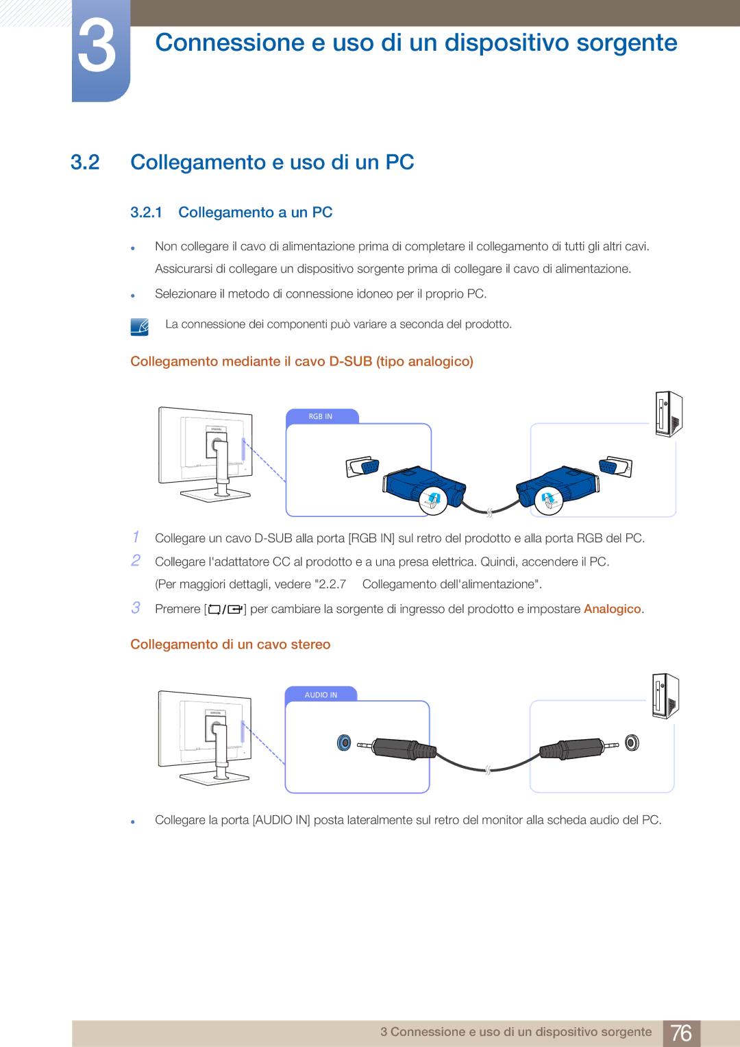 Samsung LF22FN1PFBZXEN manual Collegamento e uso di un PC, Collegamento a un PC, Collegamento di un cavo stereo 