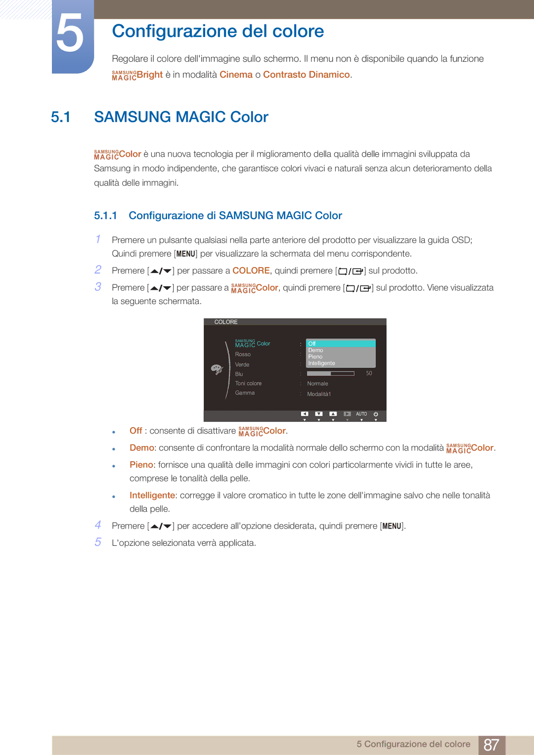 Samsung LF22FN1PFBZXEN manual Configurazione del colore, Configurazione di Samsung Magic Color 