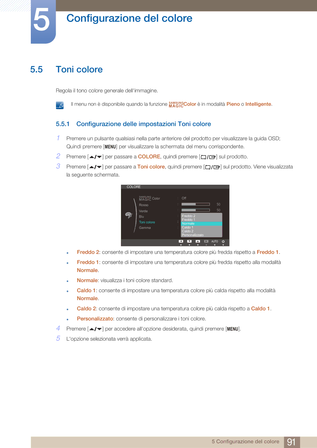 Samsung LF22FN1PFBZXEN manual Configurazione delle impostazioni Toni colore 