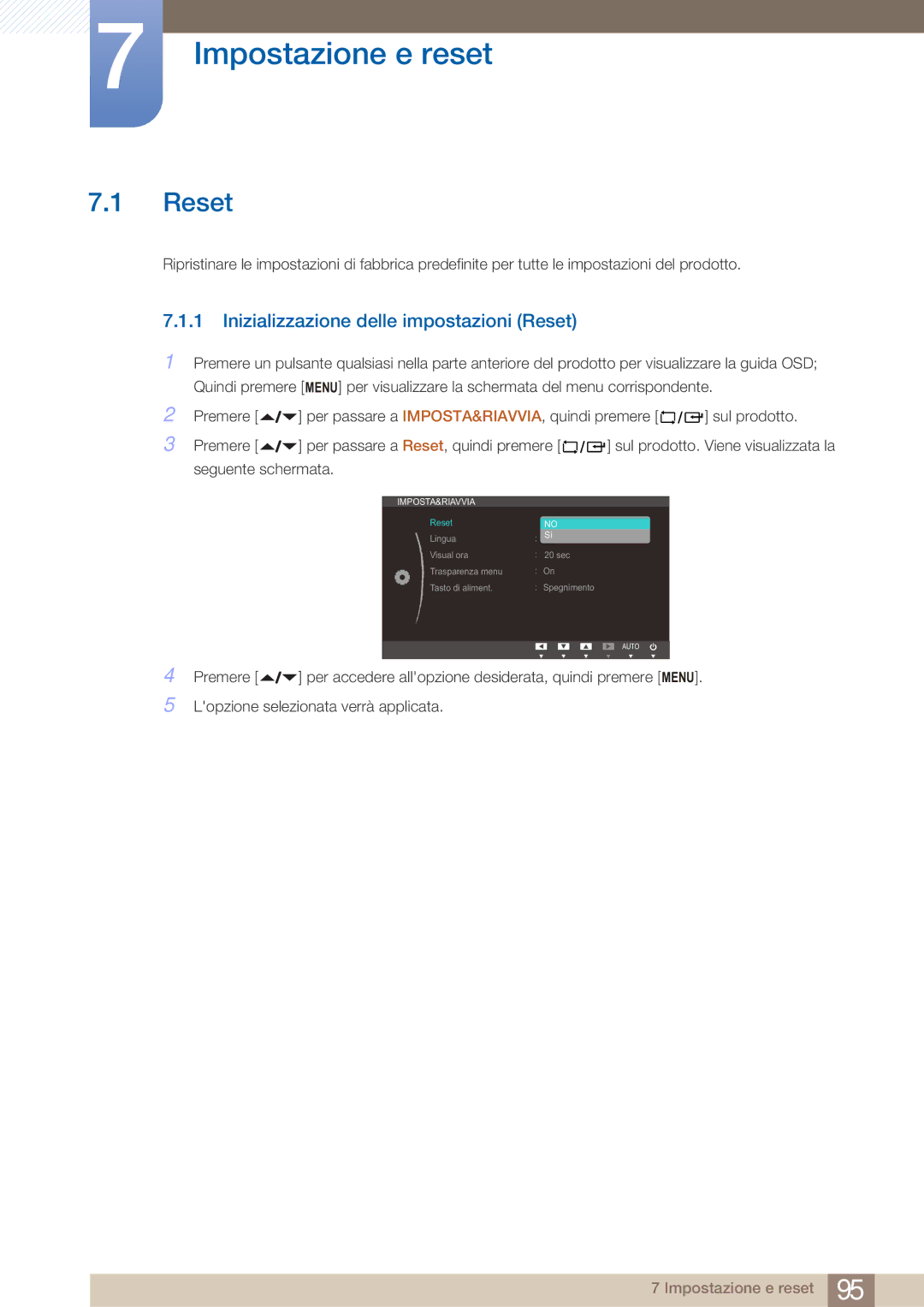 Samsung LF22FN1PFBZXEN manual Impostazione e reset, Inizializzazione delle impostazioni Reset 