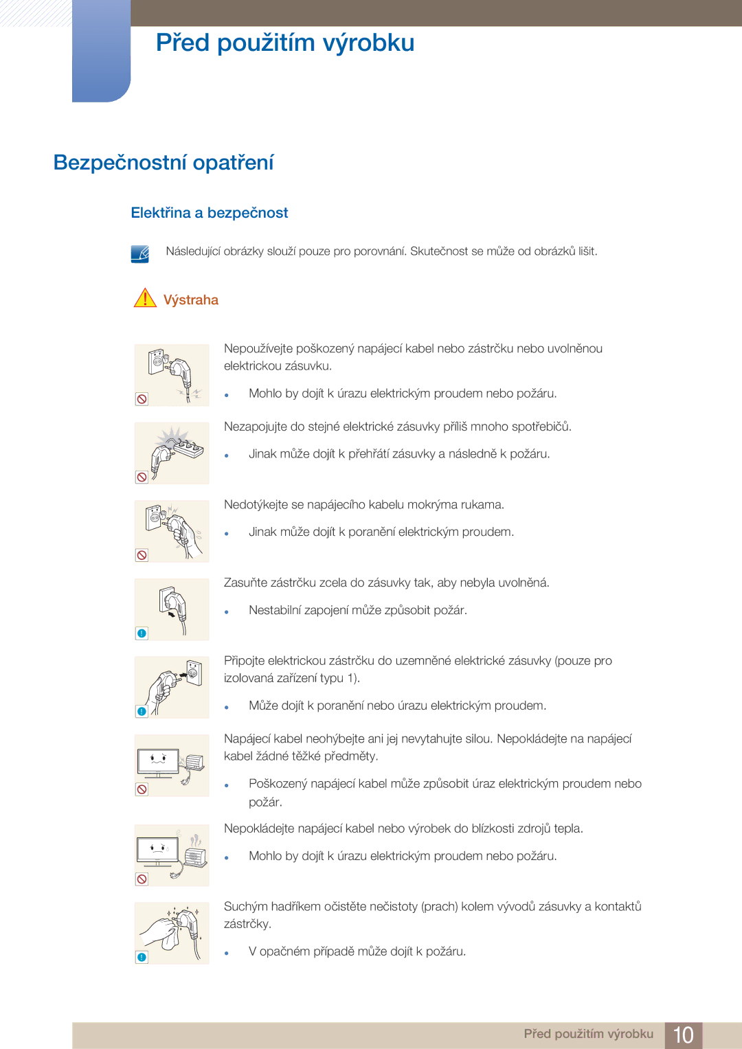 Samsung LF22FN1PFBZXEN manual Bezpečnostní opatření, Elektřina a bezpečnost, Výstraha 