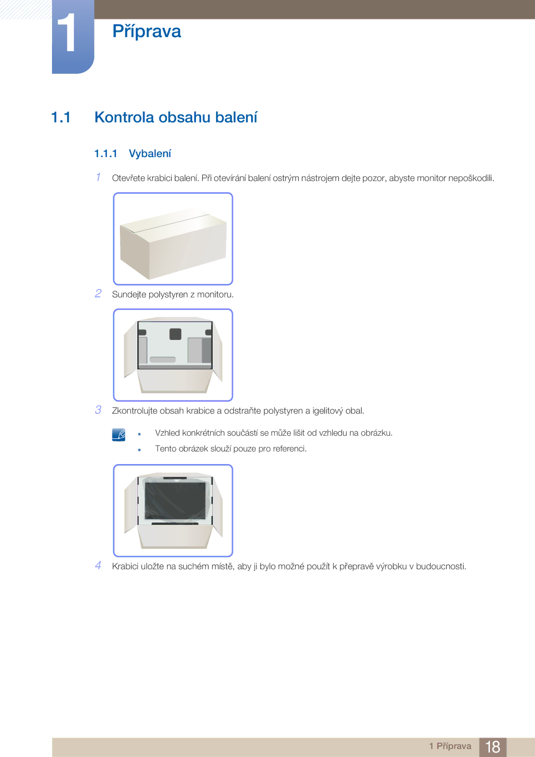 Samsung LF22FN1PFBZXEN manual Příprava, Kontrola obsahu balení, Vybalení 