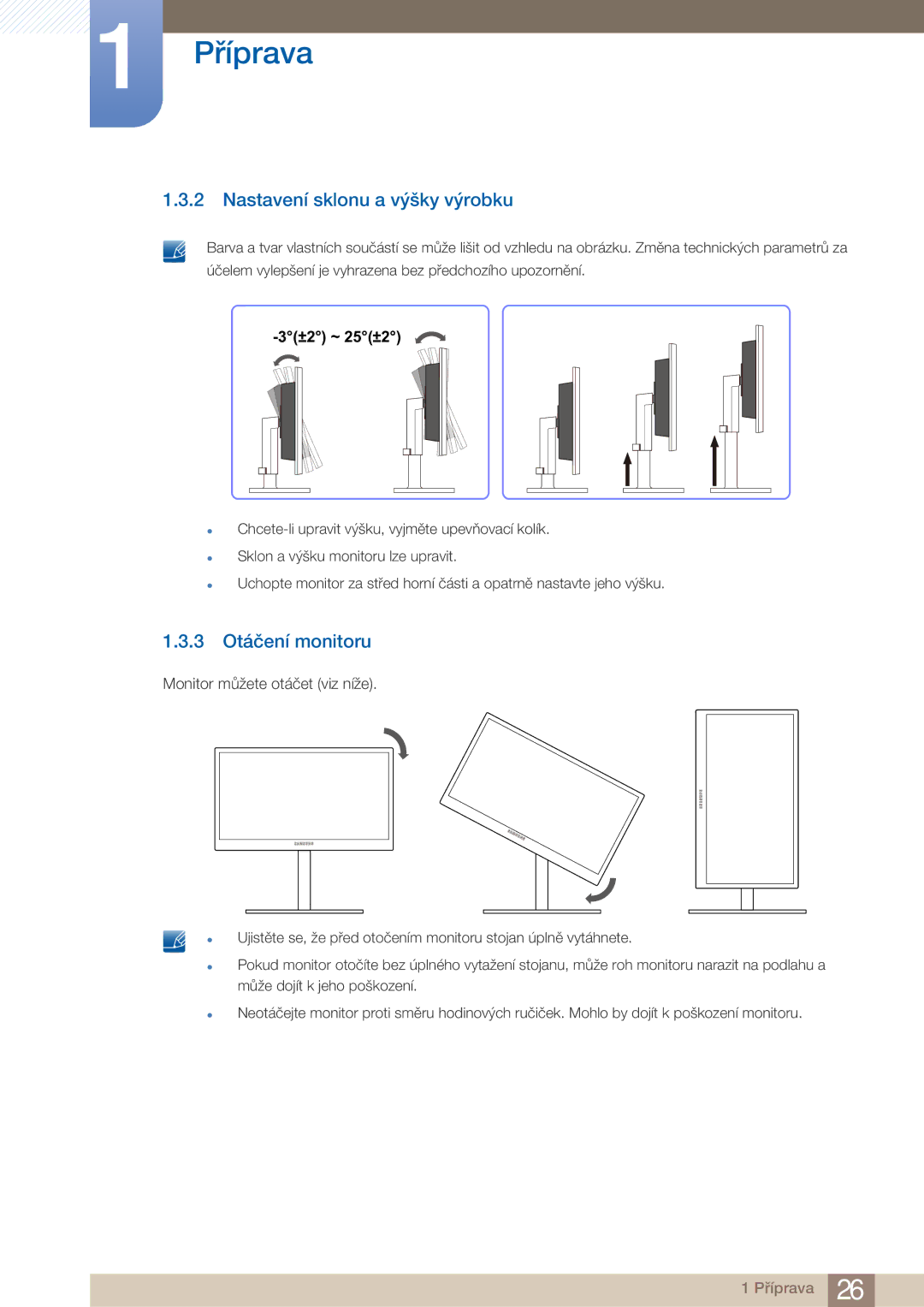 Samsung LF22FN1PFBZXEN manual Nastavení sklonu a výšky výrobku, 3 Otáčení monitoru 