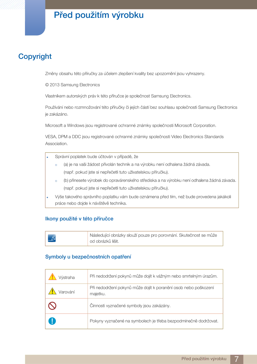 Samsung LF22FN1PFBZXEN Před použitím výrobku, Copyright, Ikony použité v této příručce, Symboly u bezpečnostních opatření 