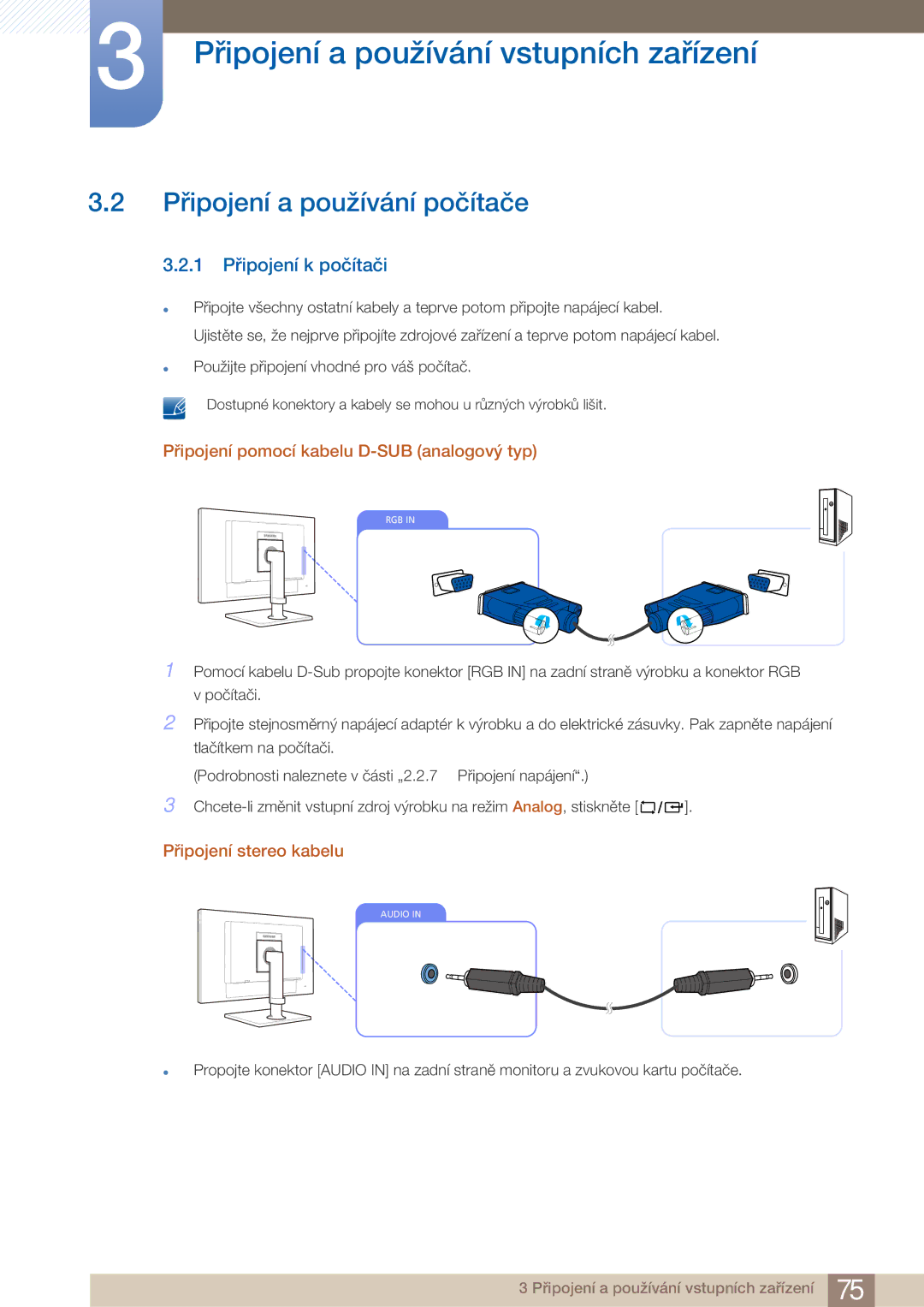 Samsung LF22FN1PFBZXEN Připojení a používání počítače, 1 Připojení k počítači, Připojení pomocí kabelu D-SUB analogový typ 