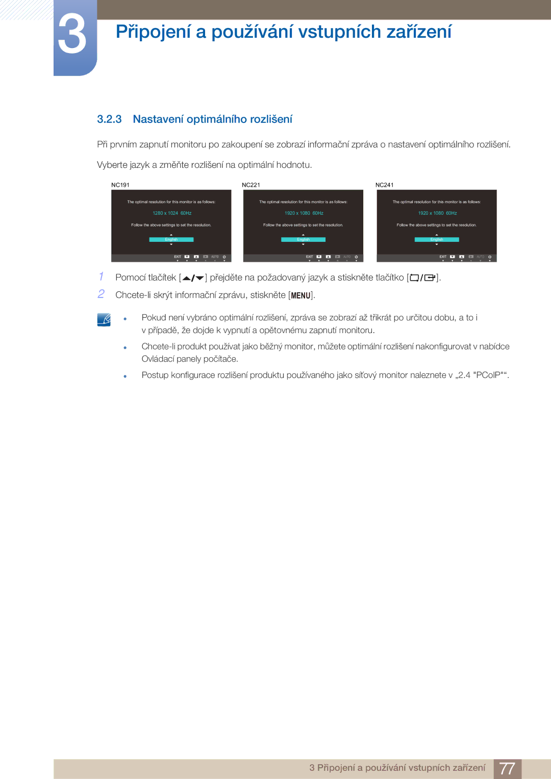 Samsung LF22FN1PFBZXEN manual Nastavení optimálního rozlišení, NC191 NC221 NC241 