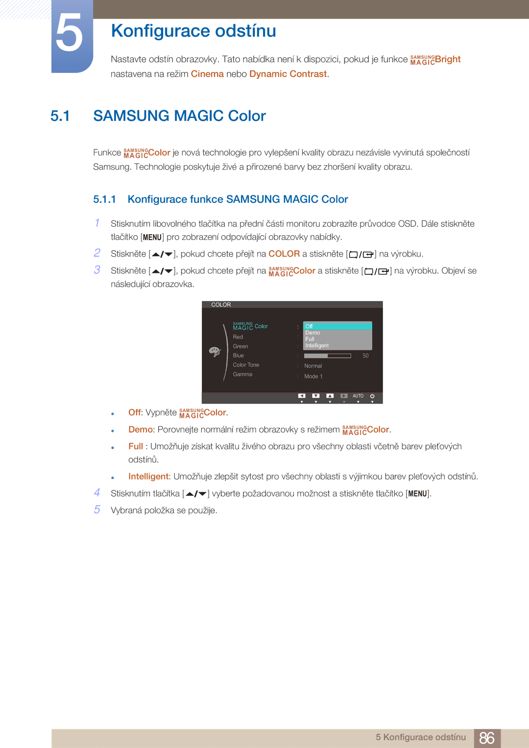 Samsung LF22FN1PFBZXEN manual Konfigurace odstínu, Konfigurace funkce Samsung Magic Color 