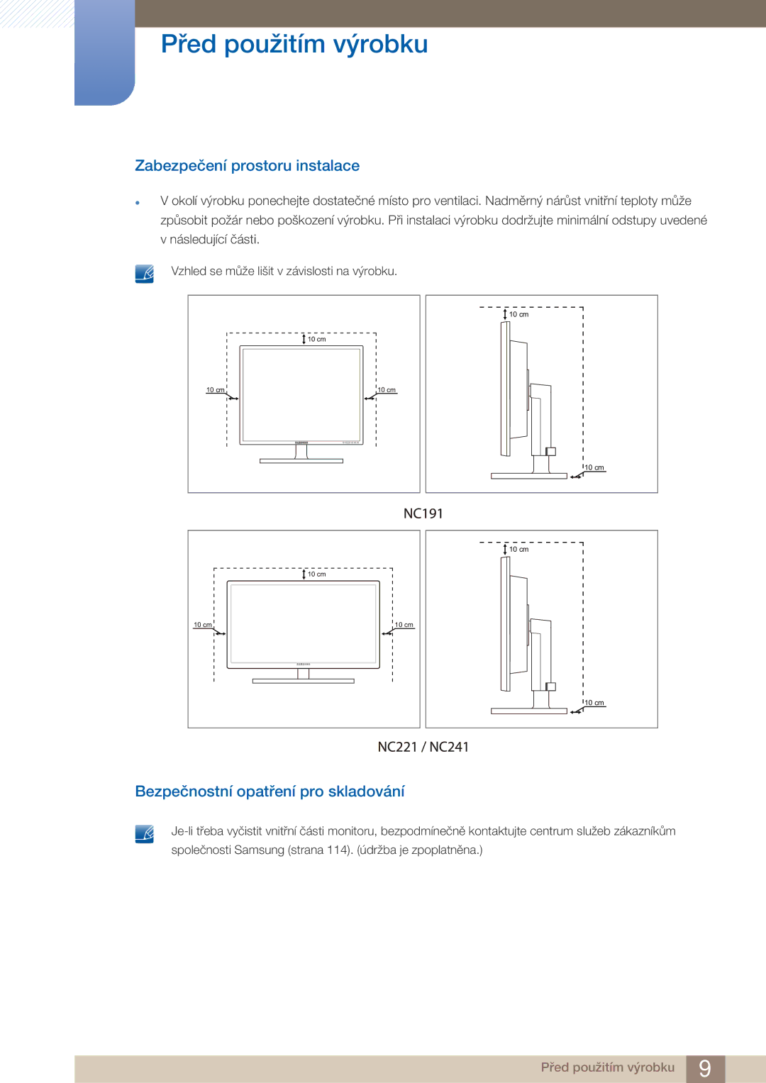 Samsung LF22FN1PFBZXEN manual Zabezpečení prostoru instalace, Bezpečnostní opatření pro skladování 