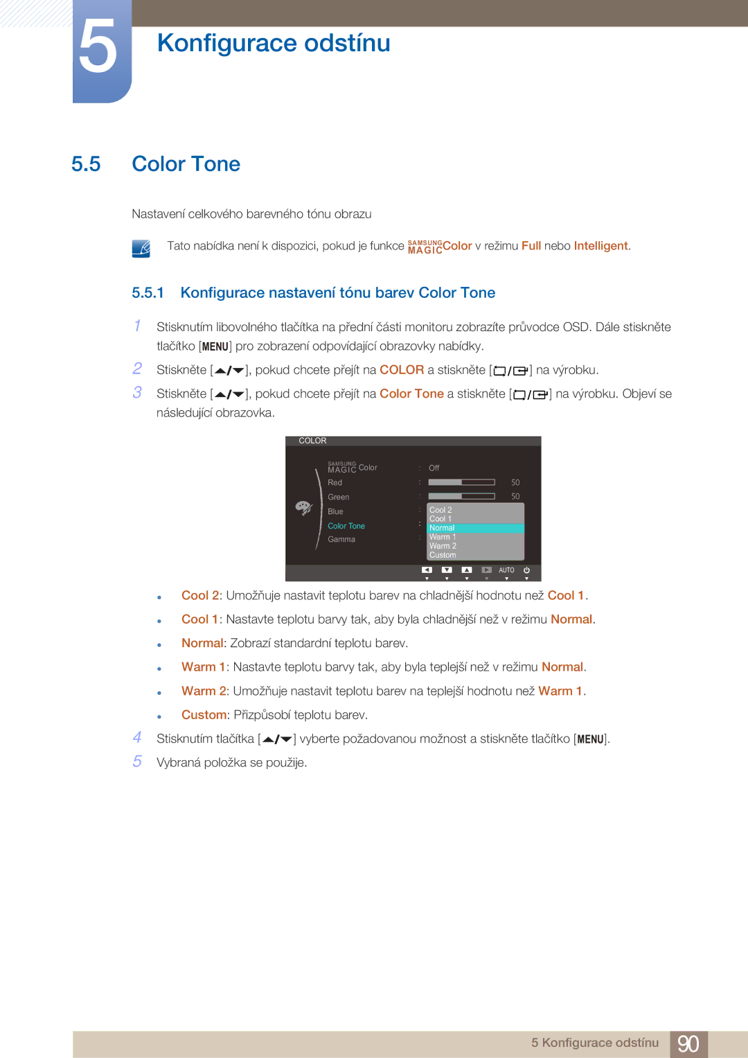 Samsung LF22FN1PFBZXEN manual Konfigurace nastavení tónu barev Color Tone 