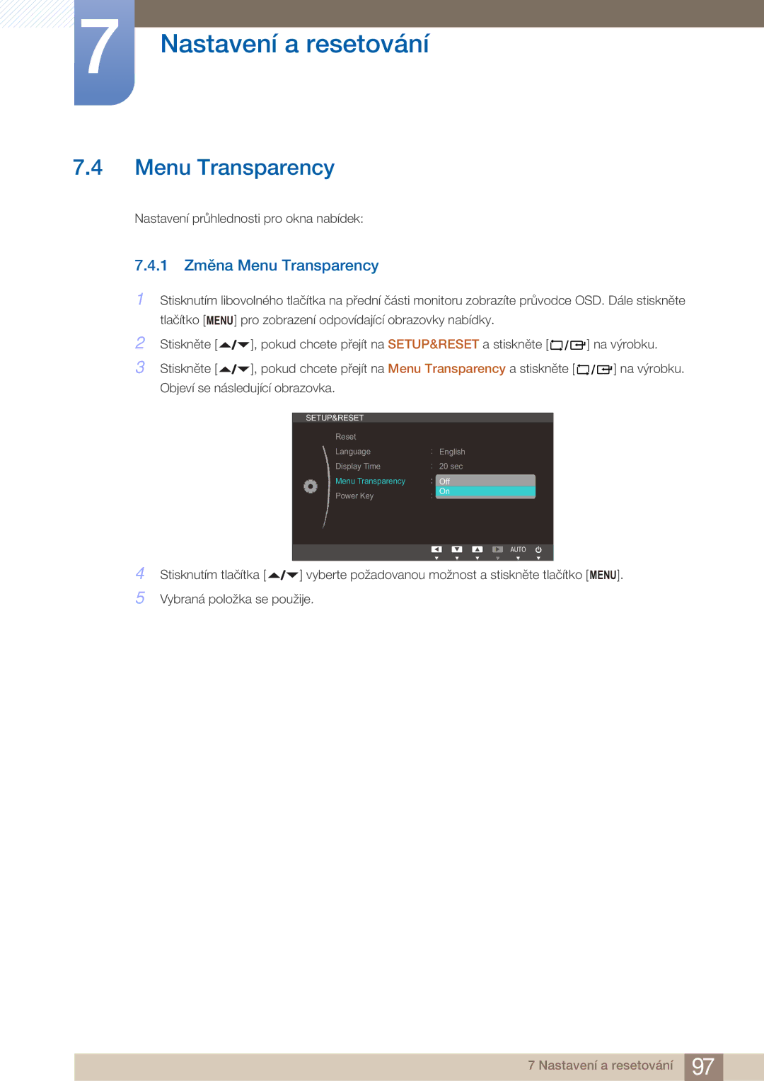 Samsung LF22FN1PFBZXEN manual 1 Změna Menu Transparency 