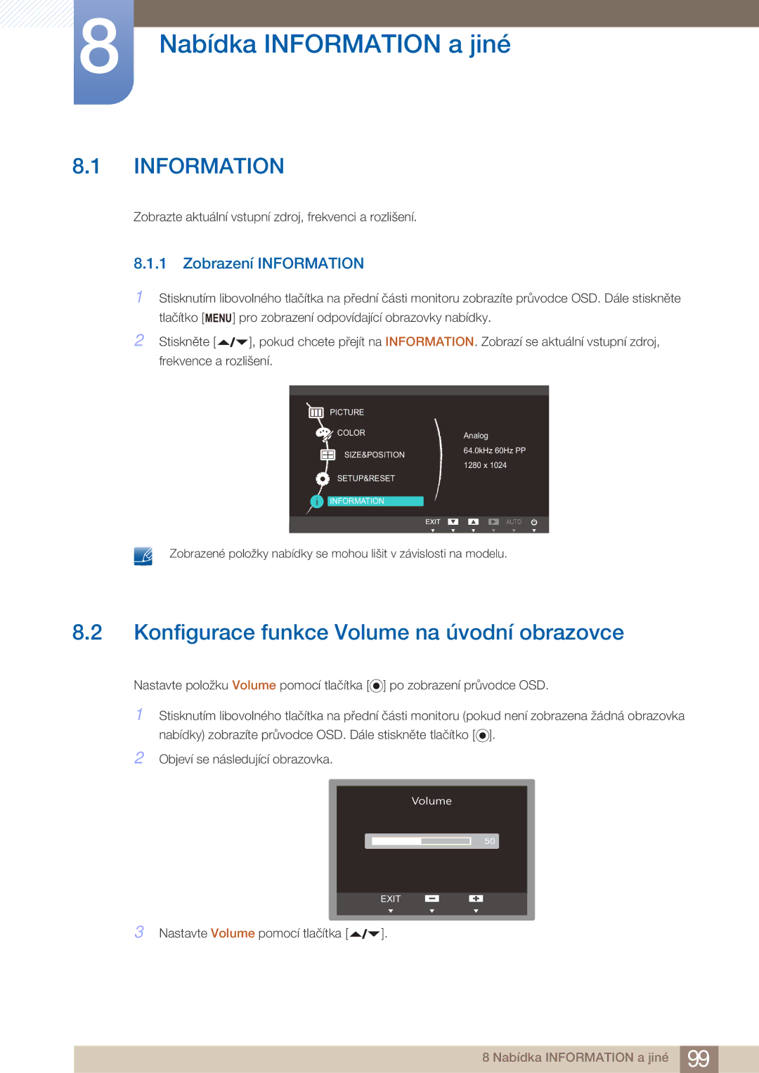 Samsung LF22FN1PFBZXEN Nabídka Information a jiné, Konfigurace funkce Volume na úvodní obrazovce, Zobrazení Information 