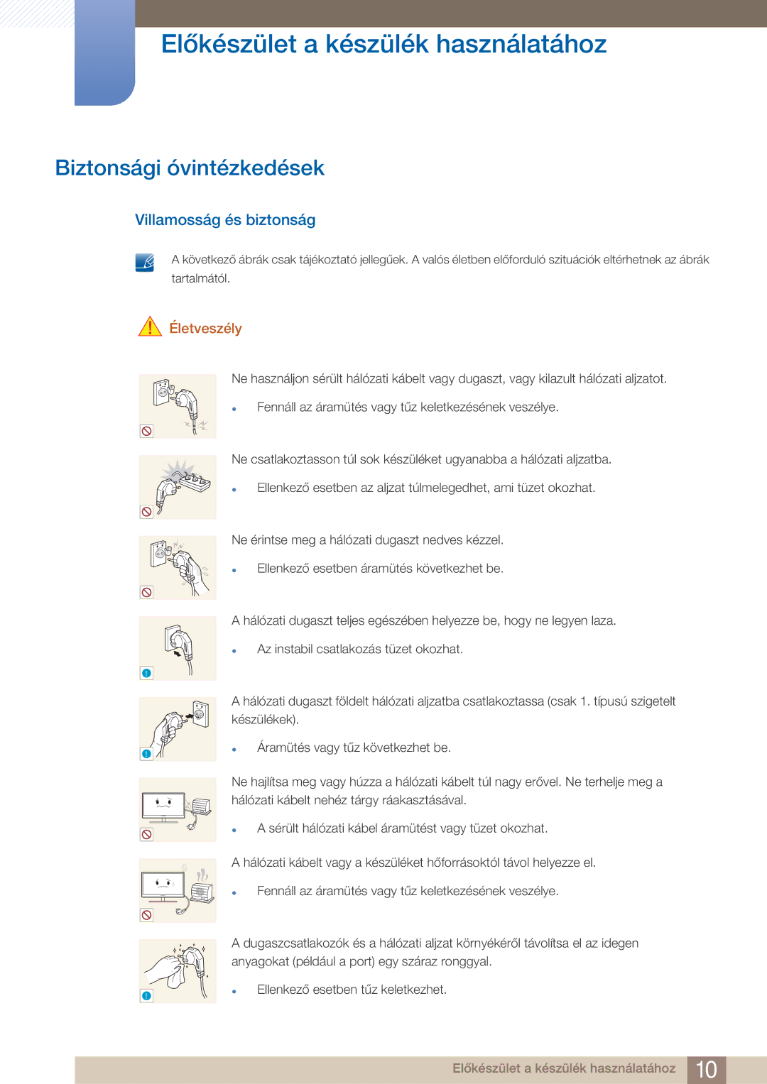 Samsung LF22FN1PFBZXEN manual Biztonsági óvintézkedések, Villamosság és biztonság, Életveszély 