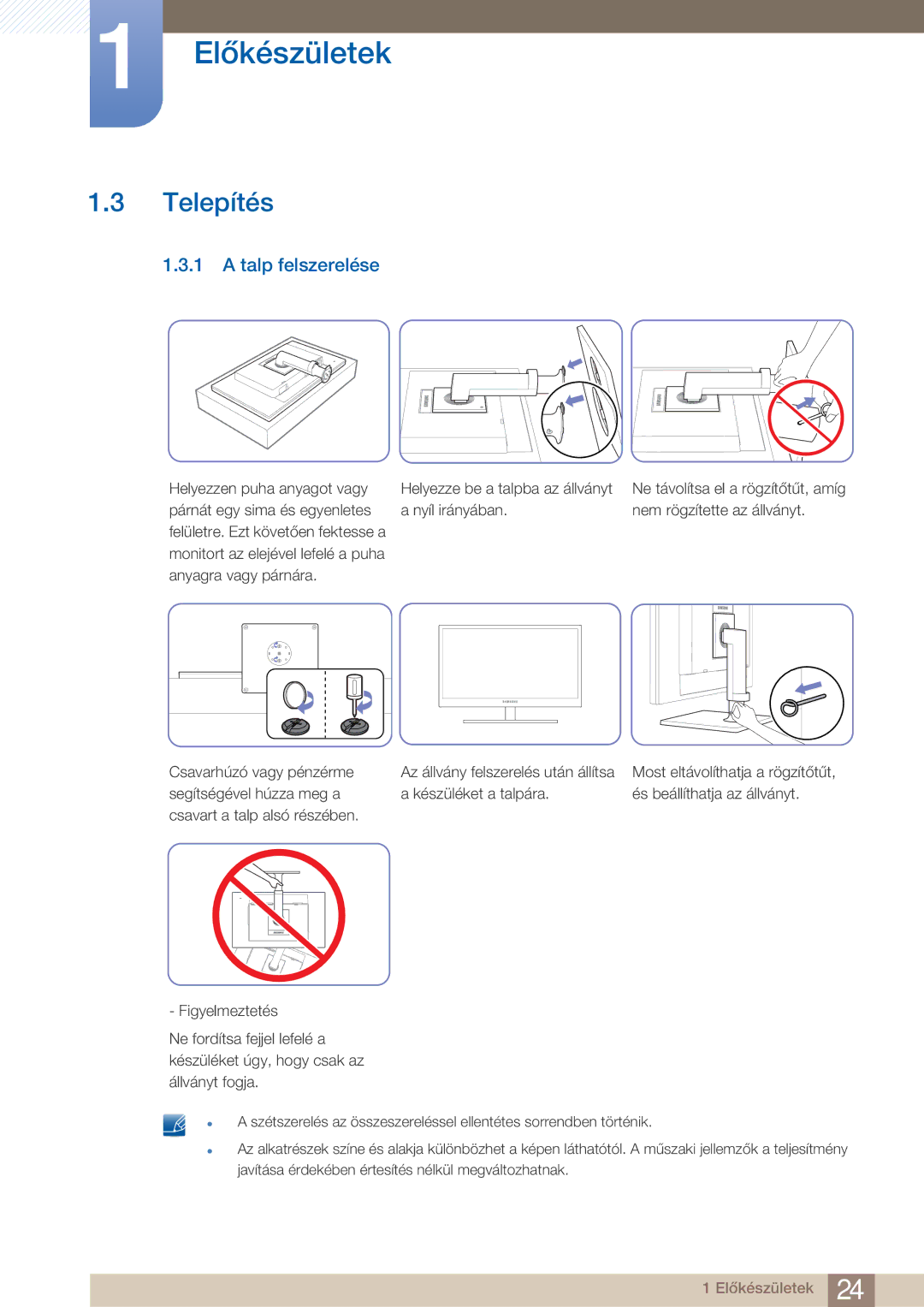 Samsung LF22FN1PFBZXEN manual Telepítés, Talp felszerelése 