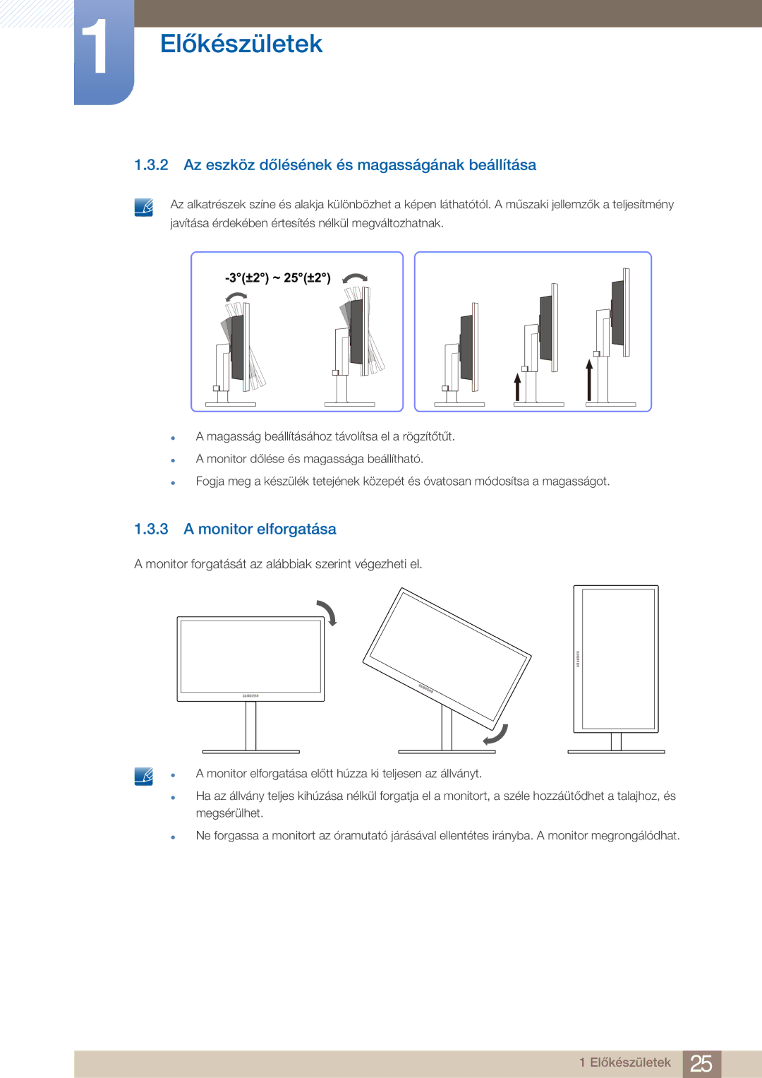 Samsung LF22FN1PFBZXEN manual Az eszköz dőlésének és magasságának beállítása, Monitor elforgatása 