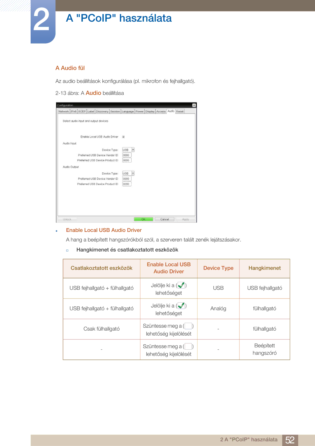 Samsung LF22FN1PFBZXEN manual Audio fül,  Enable Local USB Audio Driver, Enable Local USB Device Type 