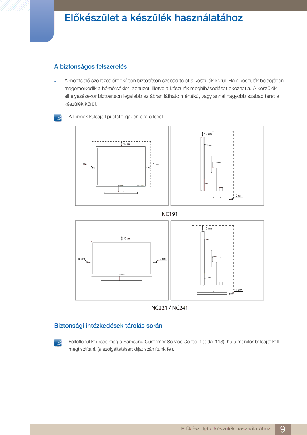 Samsung LF22FN1PFBZXEN manual Biztonságos felszerelés, Biztonsági intézkedések tárolás során 